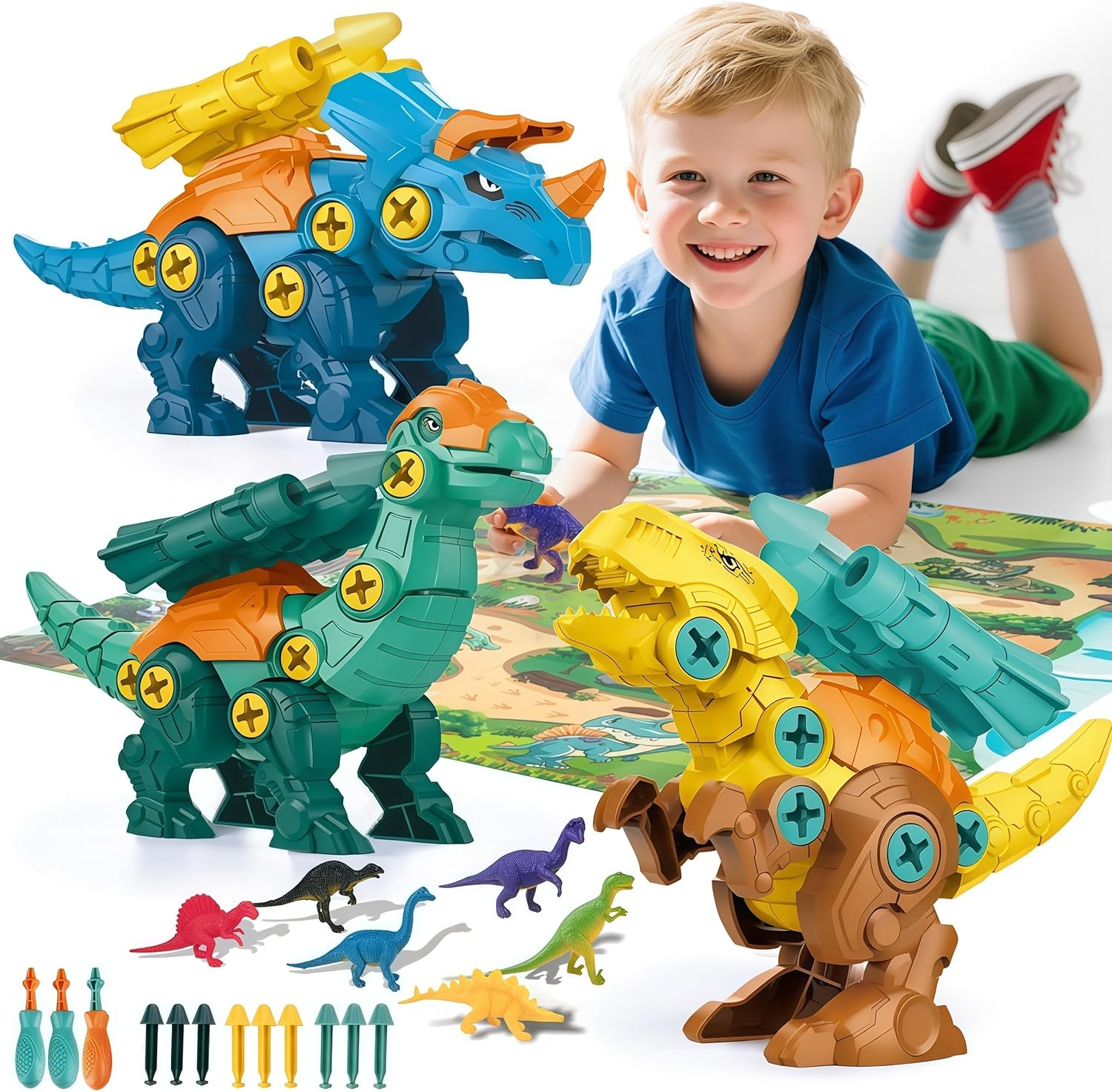 Dinosaur Toys for 3 4 5 6 7 8 Year Old Boys, Take Apart Dinosaur Toys for Kids STEM Educational Construction Building Kids Toy with Detachable, Party Christmas Birthday Easter Gifts Boys Girls
