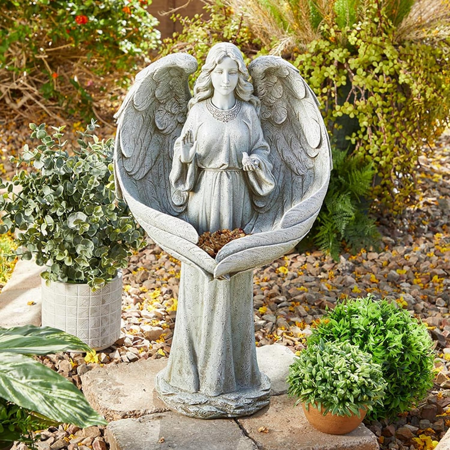 Avalon Gallery Garden Statue 21.25" Tall Stone-Resin Angel Bird Bath/Feeder Outdoor Sculpture