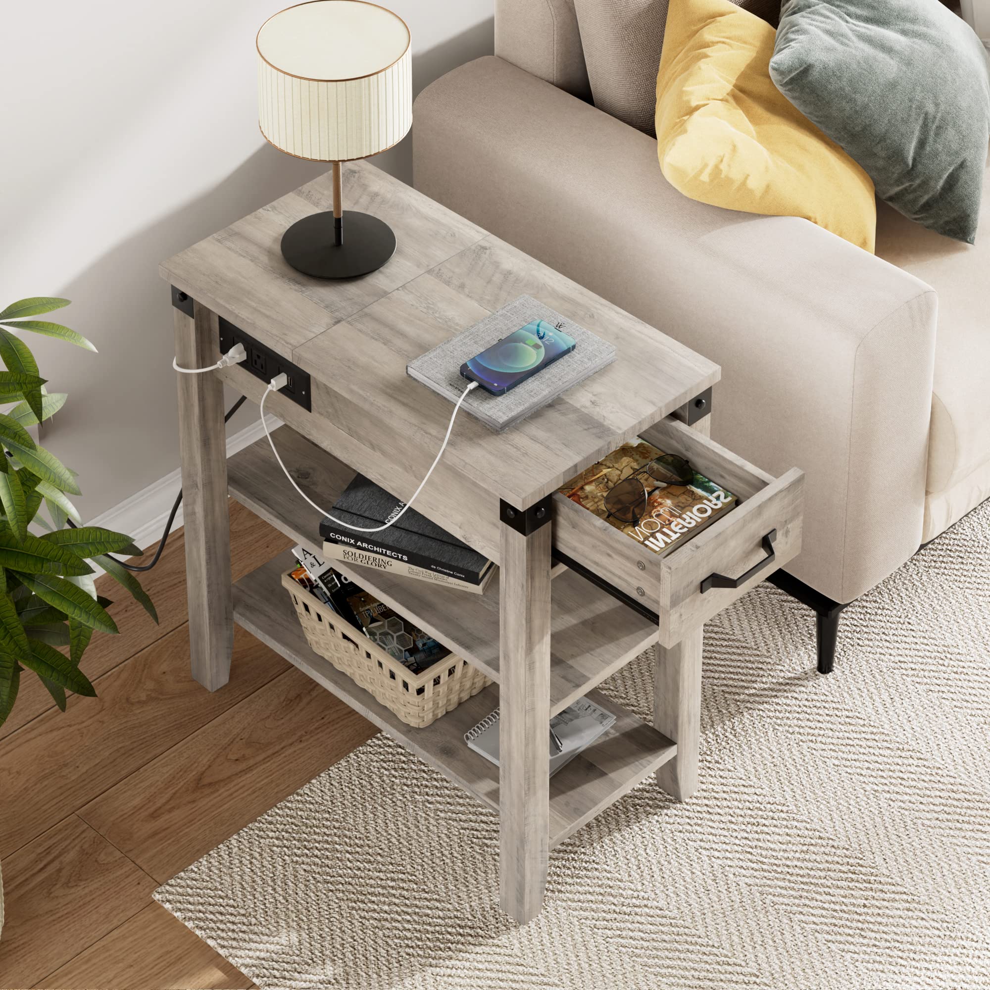 IDEALHOUSE End Table with Charging Station, 3-Tier Narrow Side Table ...