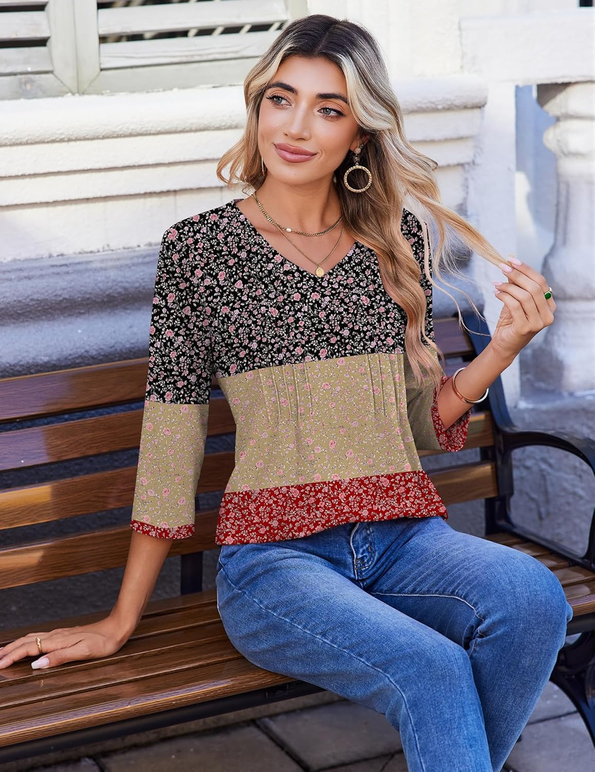 Zeagoo 3/4 Length Sleeve Womens Tops Casual V Neck Pleated Top Boho Floral Blouses Work Shirts - Image 5