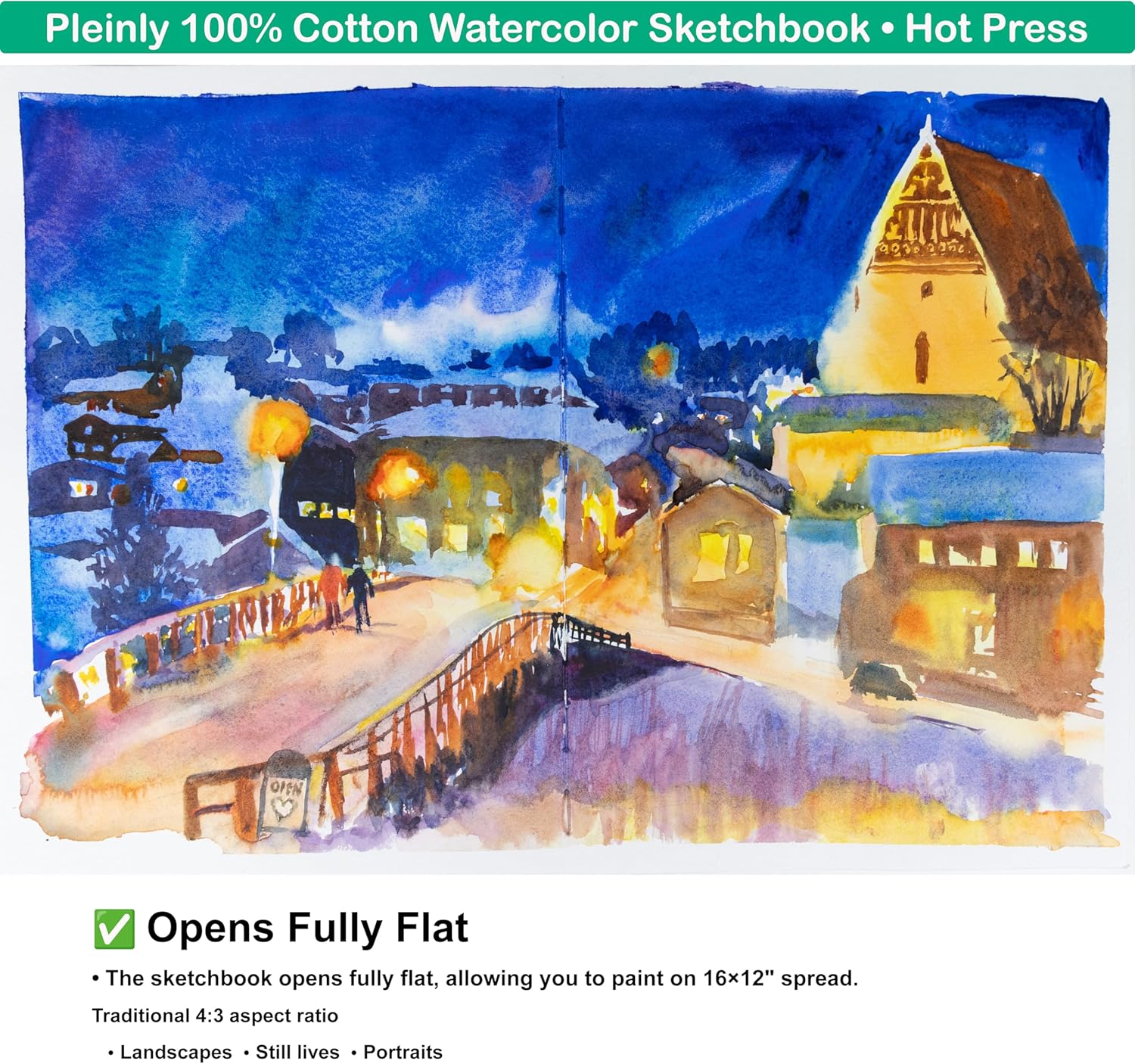 Pleinly 100% Cotton Watercolor Sketchbook 8×12” Double Pack | Hot Pressed, 300 GSM, 52 Pages, Opens Fully Flat, Type-C Series Paper: Soft Washes, Strong Granulation, Also Perfect for Ink & Gouache