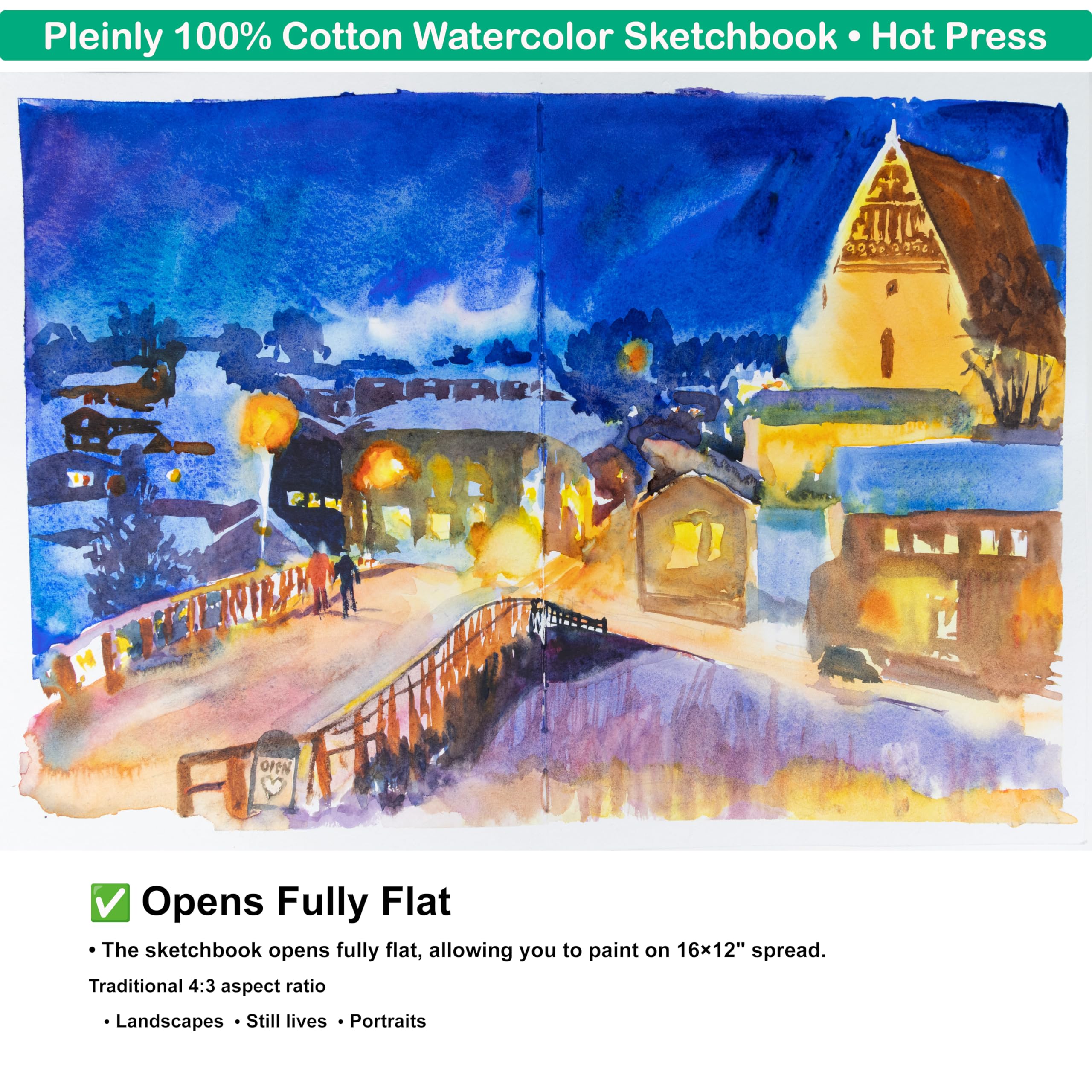 Pleinly Carnet de croquis aquarelle, 202 x 306 mm, 100 % coton, 300 g/m², 26 feuilles/52 pages, portrait, pressé à chaud (texture subtile), couverture en toile rigide