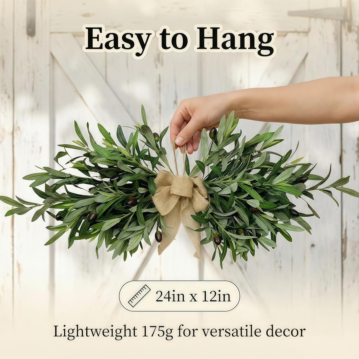 2026 Summer Upgraded Farmhouse Olive Leaf Greenery Swag with Premium Burlap Bow – Realistic Faux Foliage Decor with Full Design for Mantel, Table Centerpiece, Door & Mirror Display (Green 2Pcs)