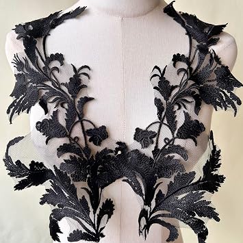 Mirror Pair Leaves Applique Black Color Embroidery Floral Patch Wedding Dress Accessories