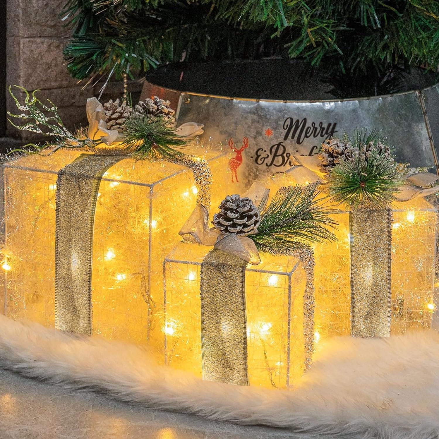 Hourleey Set of 3 Christmas Lighted Gift Boxes, 10″ 8″ 6″ Pre-lit 60 LED Light Up Present Boxes Ornament with Timer, Tinsel Boxes Decoration for Outdoor Indoor Home Yard Lawn Decor Hourleey Set of 3 Christmas Lighted Gift Boxes, 10″ 8″ 6″ Pre-lit 60 LED Light Up Present Boxes Ornament with Timer, Tinsel Boxes Decoration for Outdoor Indoor Home Yard Lawn Decor