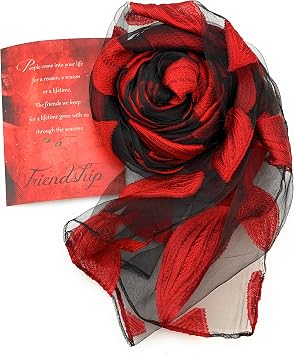 Smiling Wisdom - Heartfelt Sentimental Friendship Greeting Card for Women and Red Leaf Scarf Gift Set - True Friends Grow Together - A Reason Season Lifetime Friend - Bestie BFF Woman - Red Black