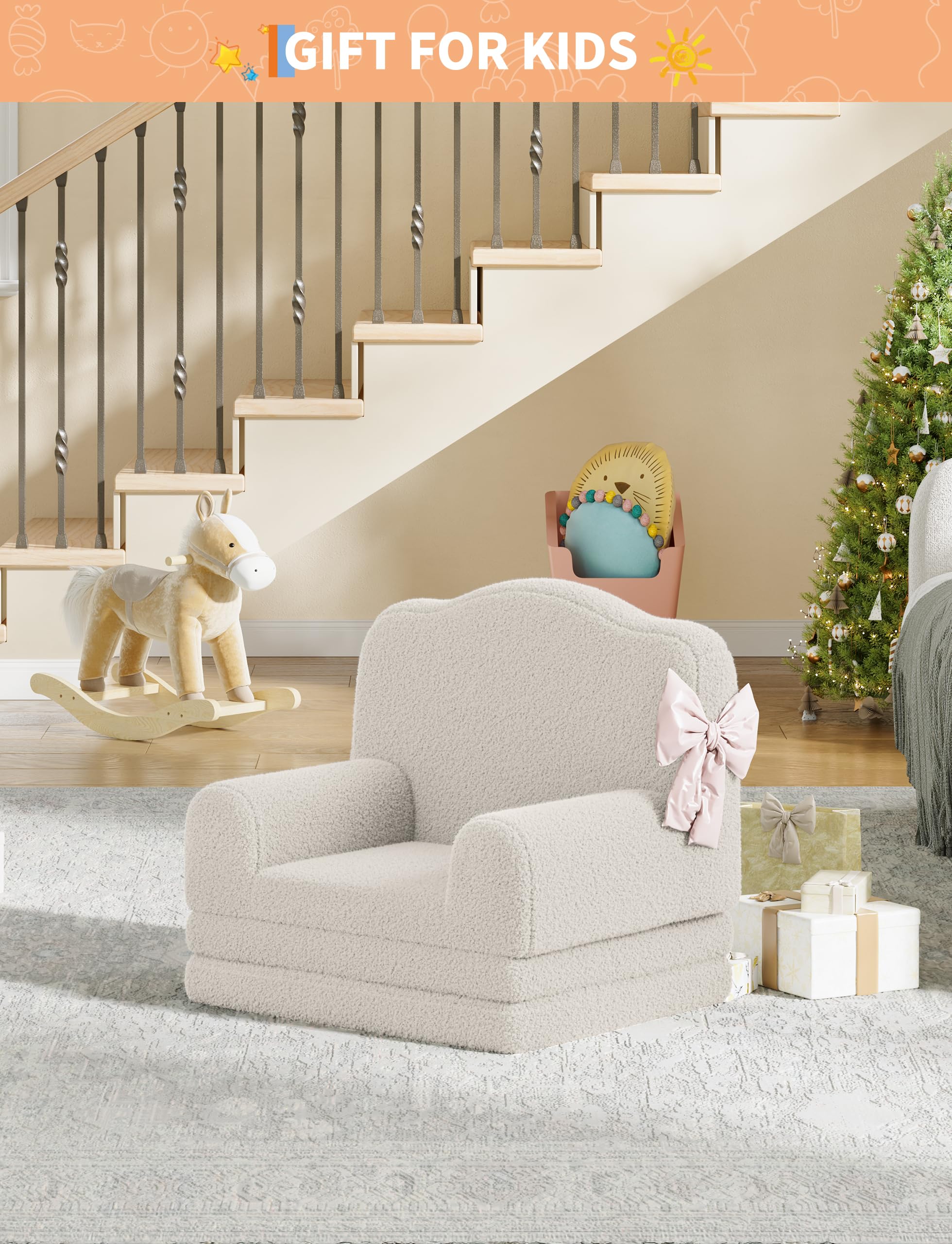 Fauteuil Enfant Convertible 1 Place,2 en 1 Canapé lit Convertible en Mousse Haute densité,Dossier Haut,Antidérapant,Chauffeuse Enfant lit Convertible pour Chambre,Salon(132x58x5cm,Beige)