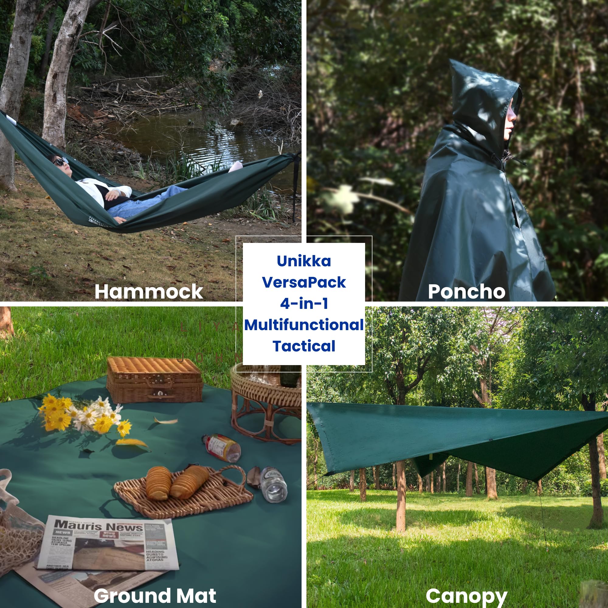 VersaPack Poncho de pluie multifonction 4 en 1, hamac, auvent, tapis de sol pour l'extérieur, le camping, la randonnée