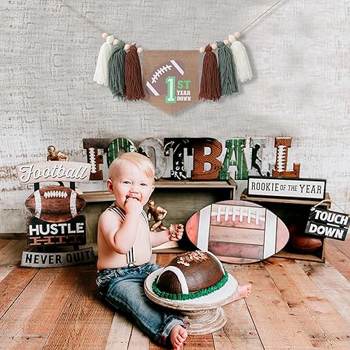 Miniatura 5 de Cartel de fútbol con borlas para primera silla de bebé, decoración de fiesta de primer cumpleaños, pancarta de fútbol americano con flecos para