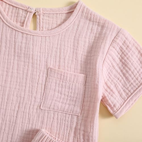 Vista 4 de Conjunto de 2 piezas de camiseta de algodón y lino de manga corta y pantalones cortos elásticos, 2 piezas, ropa casual de verano