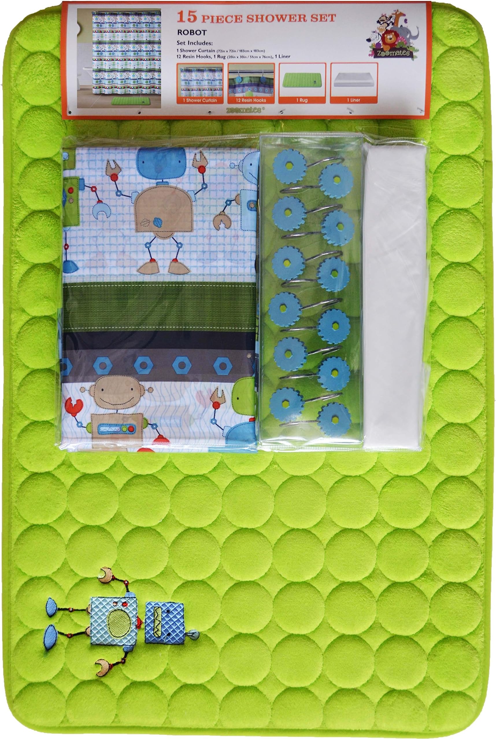15 Piece Kid’s Theme Bathroom Set with Matching Non-Skid Bath Mat, Shower Curtain, Resin Hooks, and Liner (Lime)