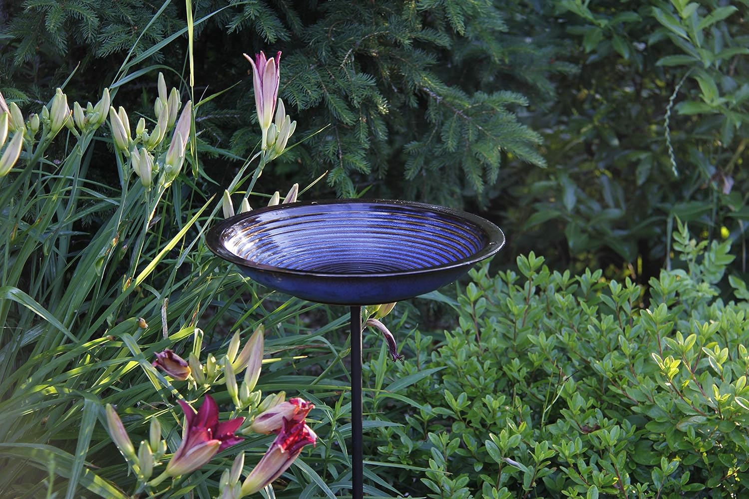 BYER OF MAINE Circles Post Bird Bath, Outdoor Garden and Patio Decor, Porcelain, Glaze Finish, Steel Mounting Post, Outside Bird Pond Fountain, 14"x14"x30", Cobalt Blue