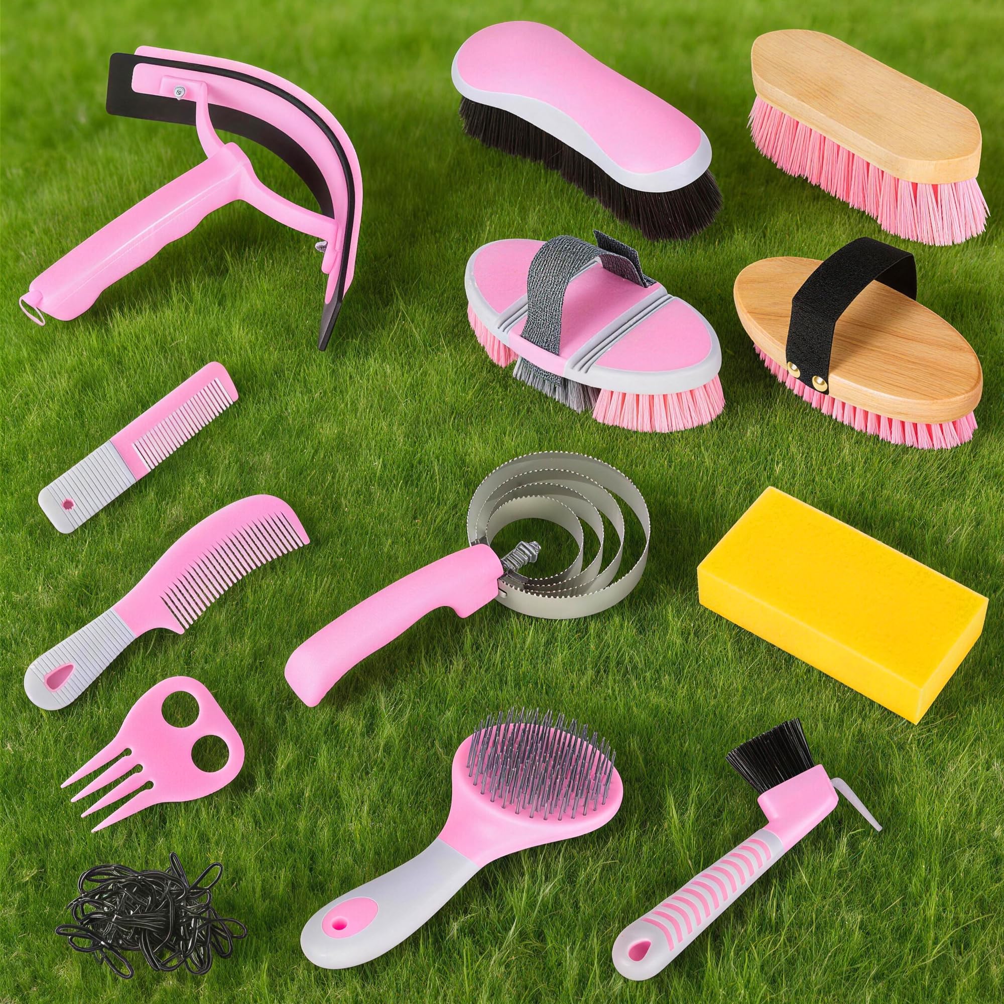 Kit de aseo de caballos, 14 en 1, juego de cepillos profesionales para aseo y cuidado, con cepillos de caballo, peine de curry, púa de pezuñas y bolsa de almacenamiento impermeable para brillar