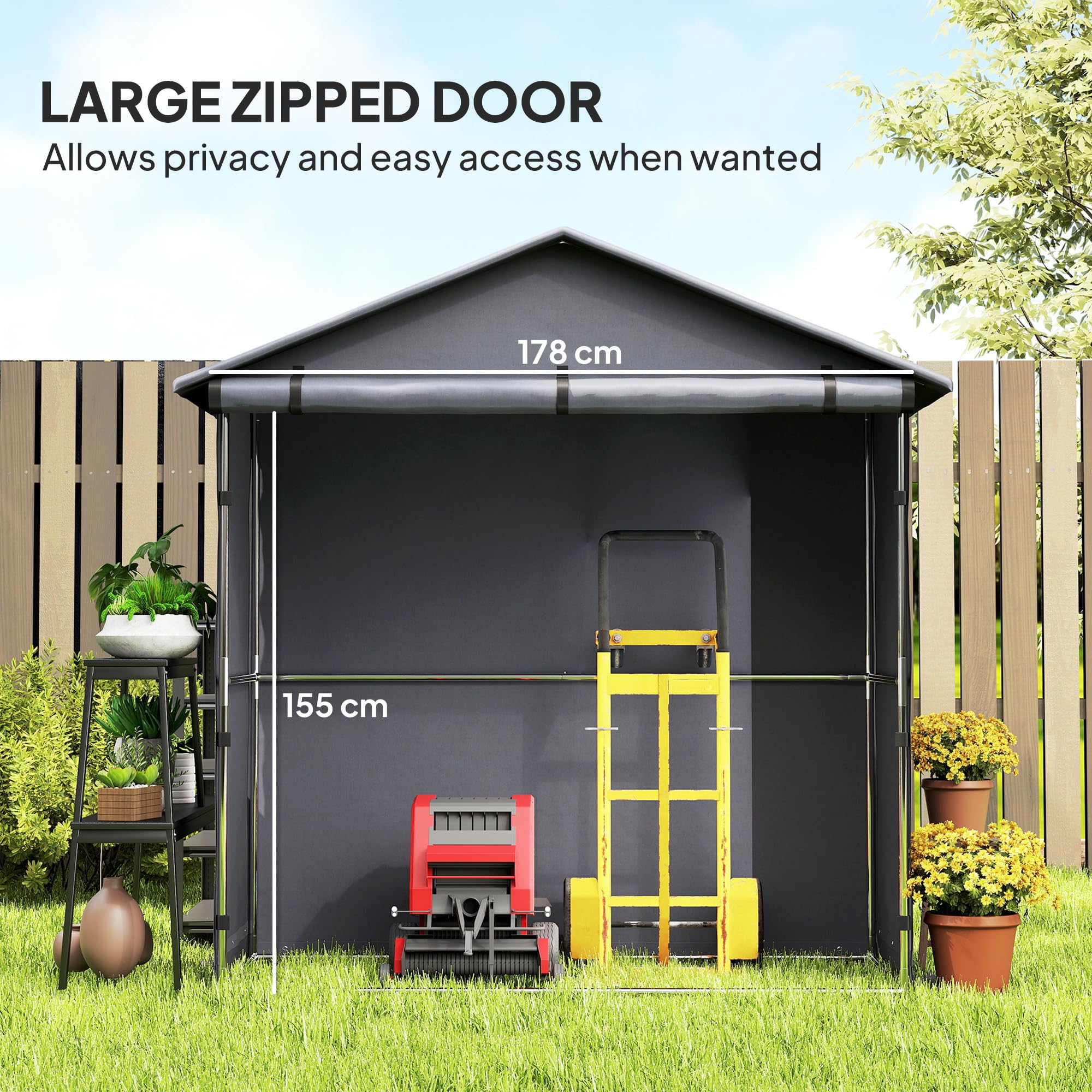 Outsunny Tente de Garage 1,1x2 m avec entrée Enroulable, Cordes et piquets, Acier galvanisé et Oxford 420D Tente de Garage extérieure, pour vélos et Outils de Jardin, UV30+, Gris foncé