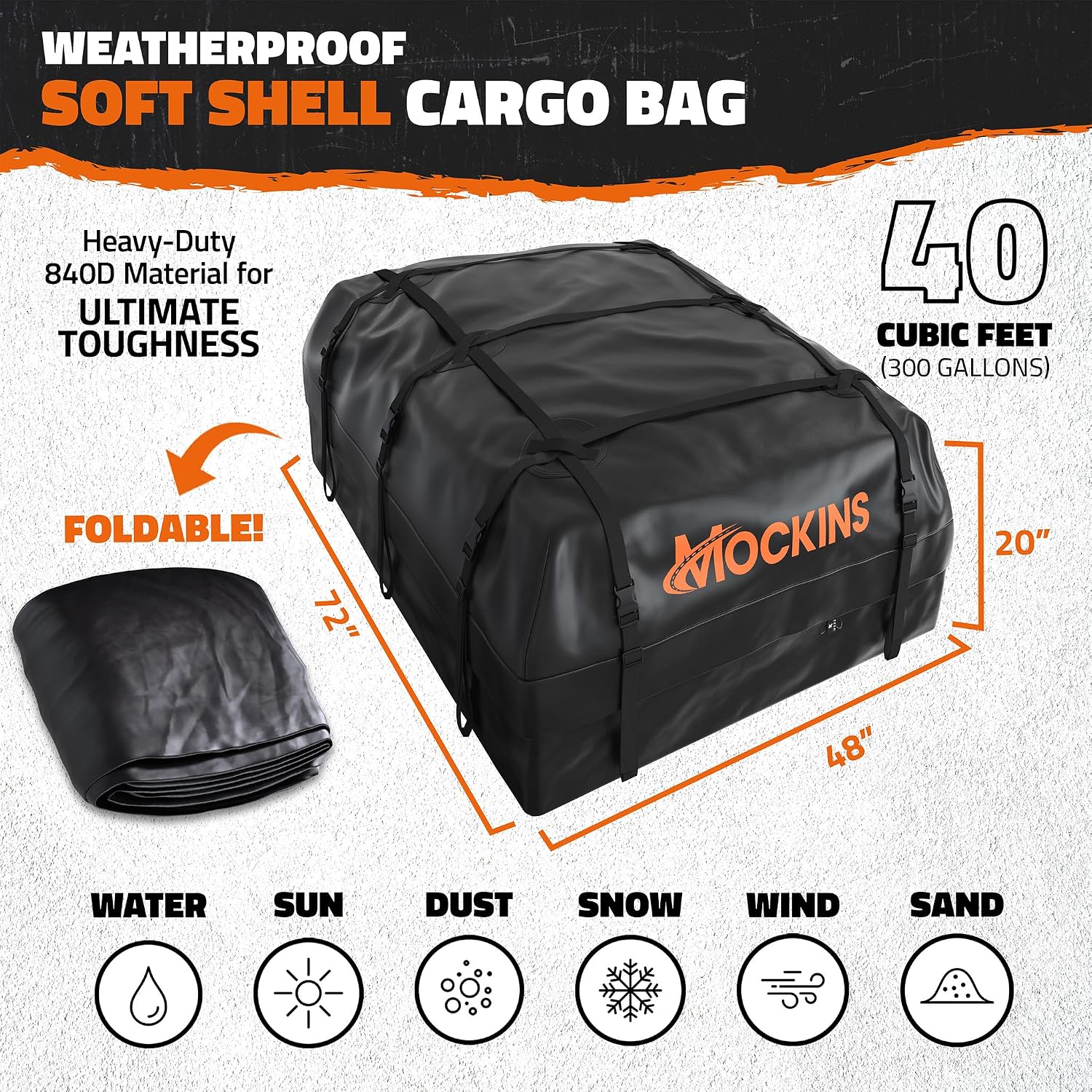 Mockins 40 CuFt XXL Soft-Shell Car Roof Bag 72"x48"x20" with Accessories