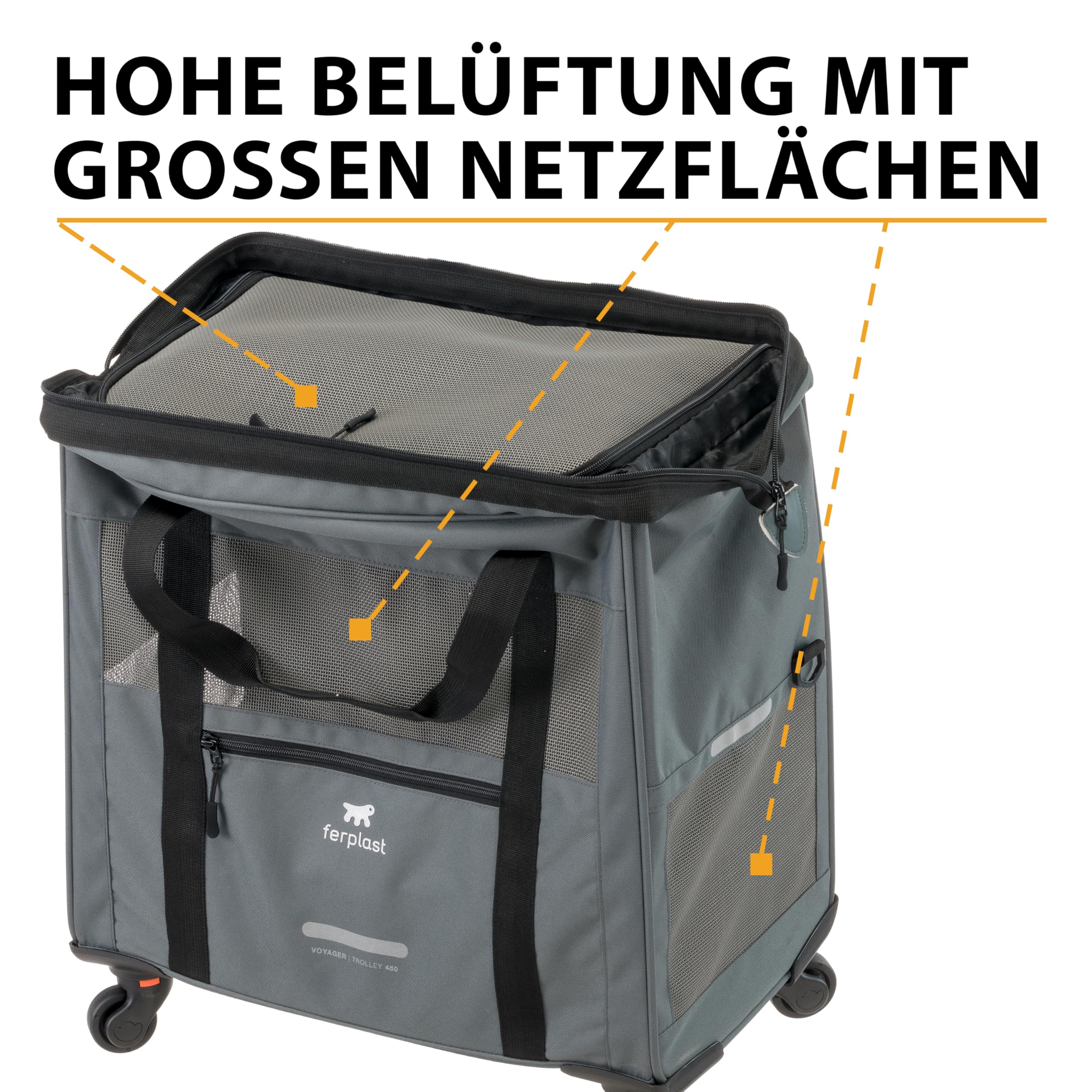 Ferplast Hundebox Voyager Trolley, Transportbox Katze, Hundetasche, ausziehbarer Griff, verstellbare Gurte, breite Öffnung, abnehmbare Räder, max. 15 kg, 46 x 26 x 48H cm, Grau