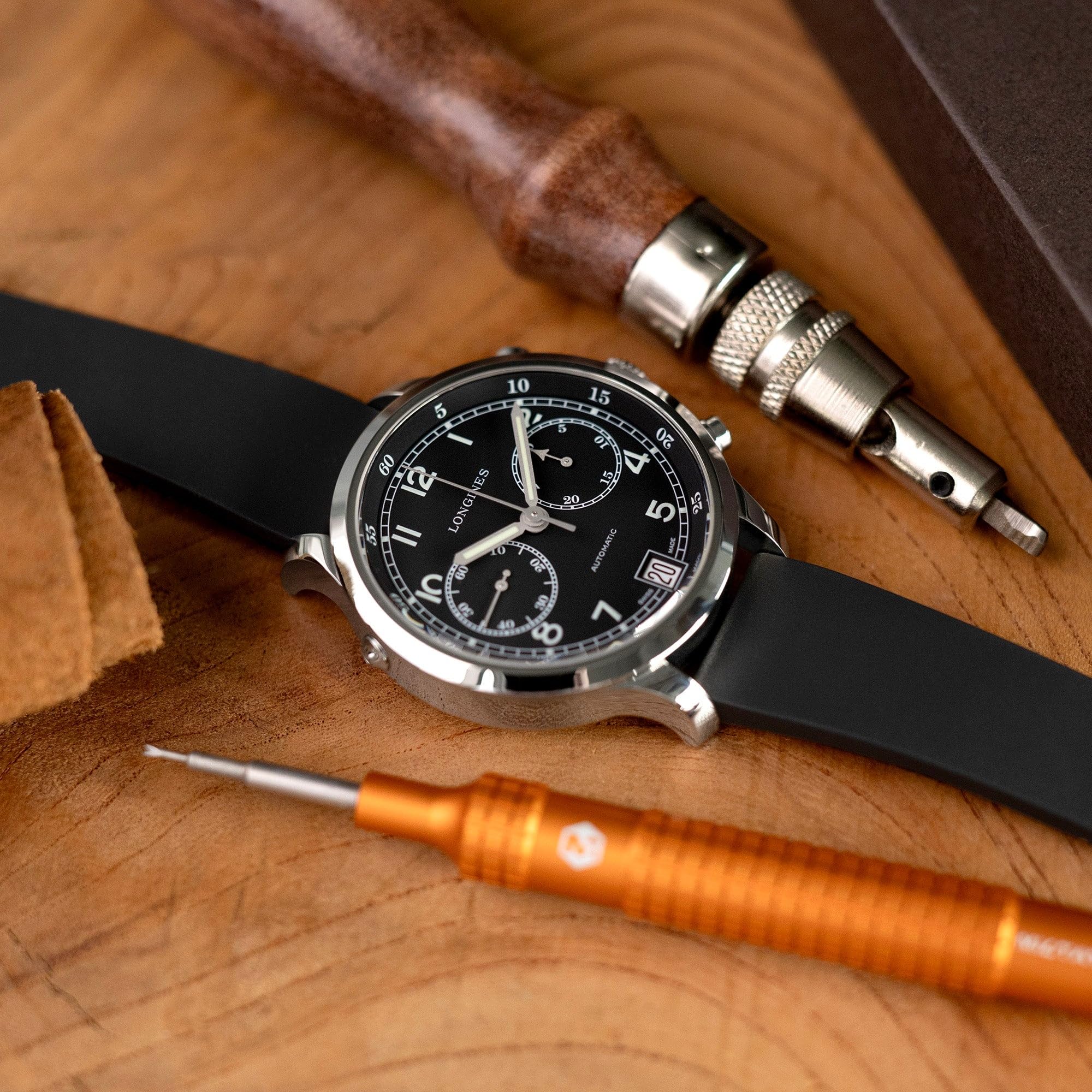 MiLTAT Bracelet de montre FKM à dégagement rapide en caoutchouc noir de 21 mm avec fermoir déployant papillon, plat minimaliste