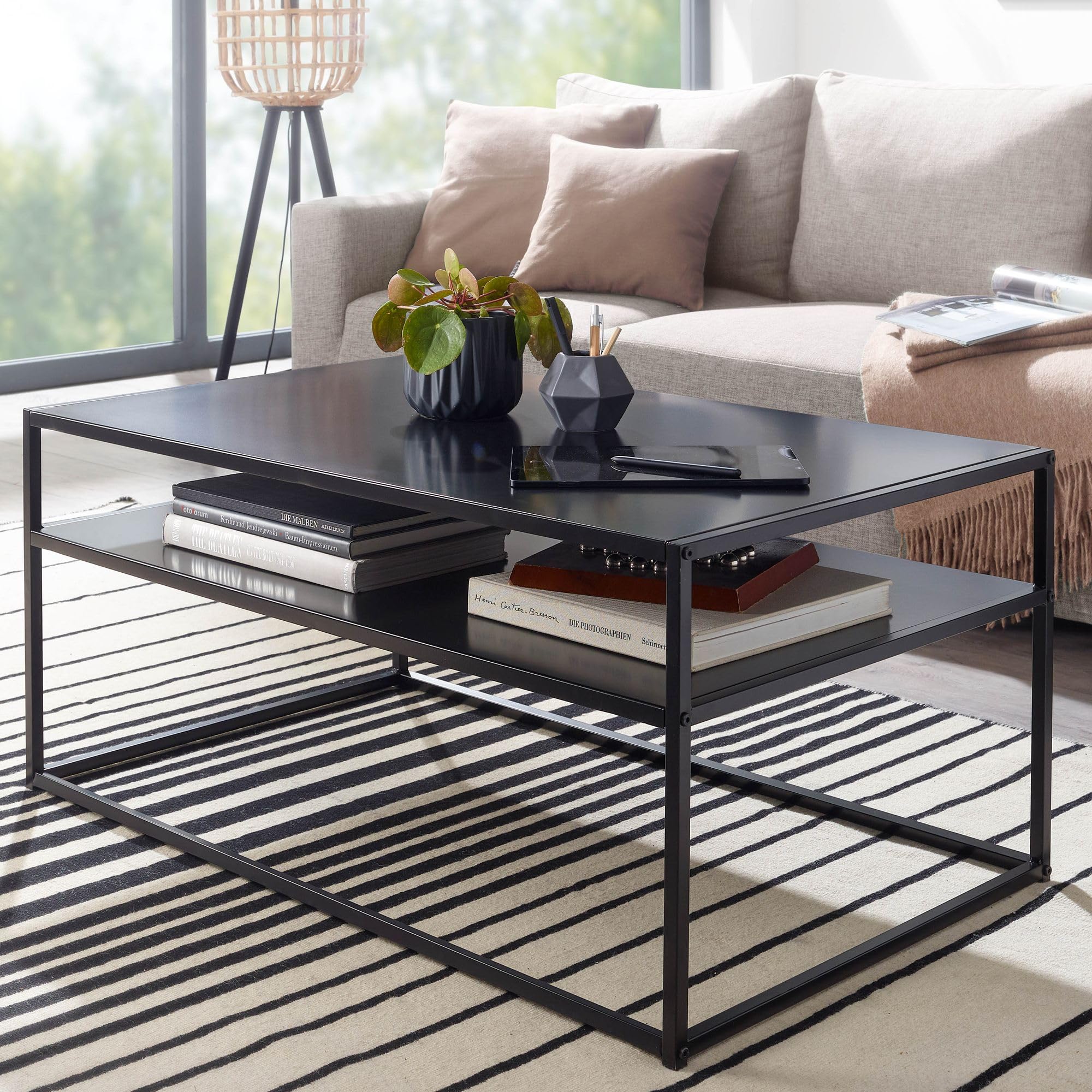FineBuy Couchtisch 100x60x45 cm Metall Wohnzimmertisch Industrial Schwarz, Sofatisch Stahl mit Stauraum, Loungetisch mit Ablagefach, Kaffeetisch Beistelltisch Eckig
