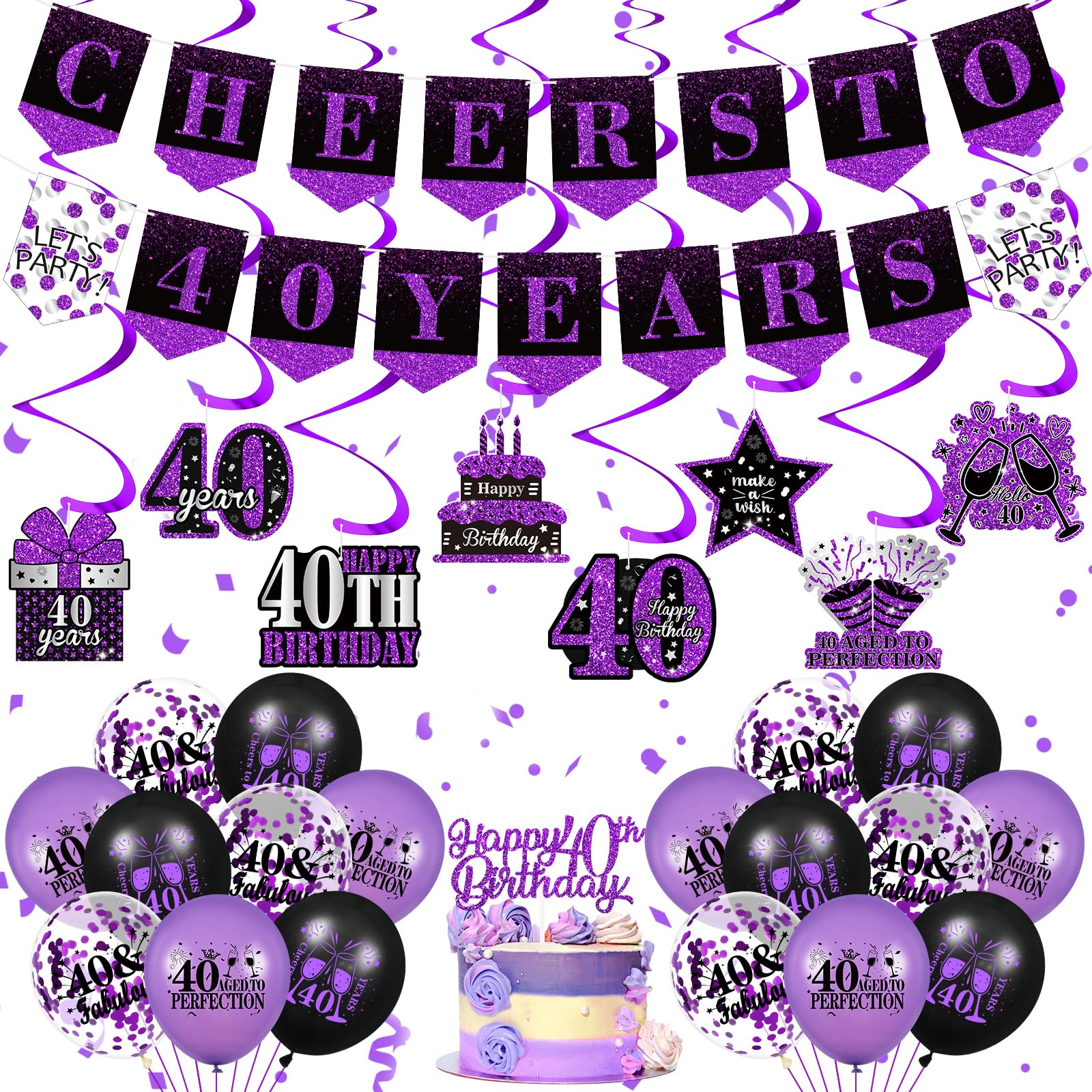 Purple 40th Birthday Decorations for Women Men Purple Black 40th Birthday Banner Hanging Swirls 40th Birthday Balloons Happy 40th Birthday Cake Topper