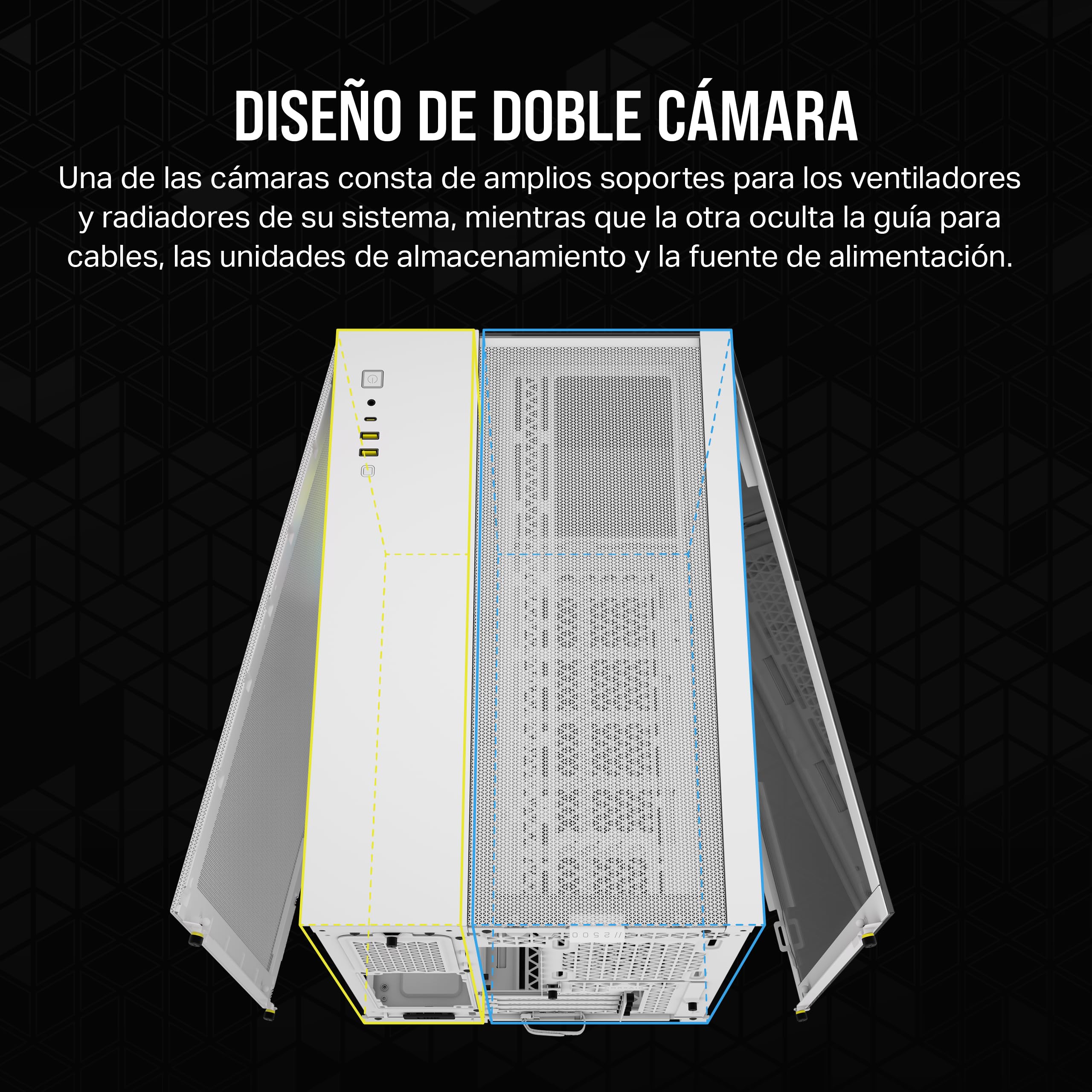 CORSAIR iCUE LINK 2500X RGB Pequeña-Torre mATX Caja de PC de Doble Cámara - Cristal Templado Panorámico - Compatible Placa Base Conexión Inversa - 2x Ventiladores CORSAIR RX120 RGB Incluidos - Blanco