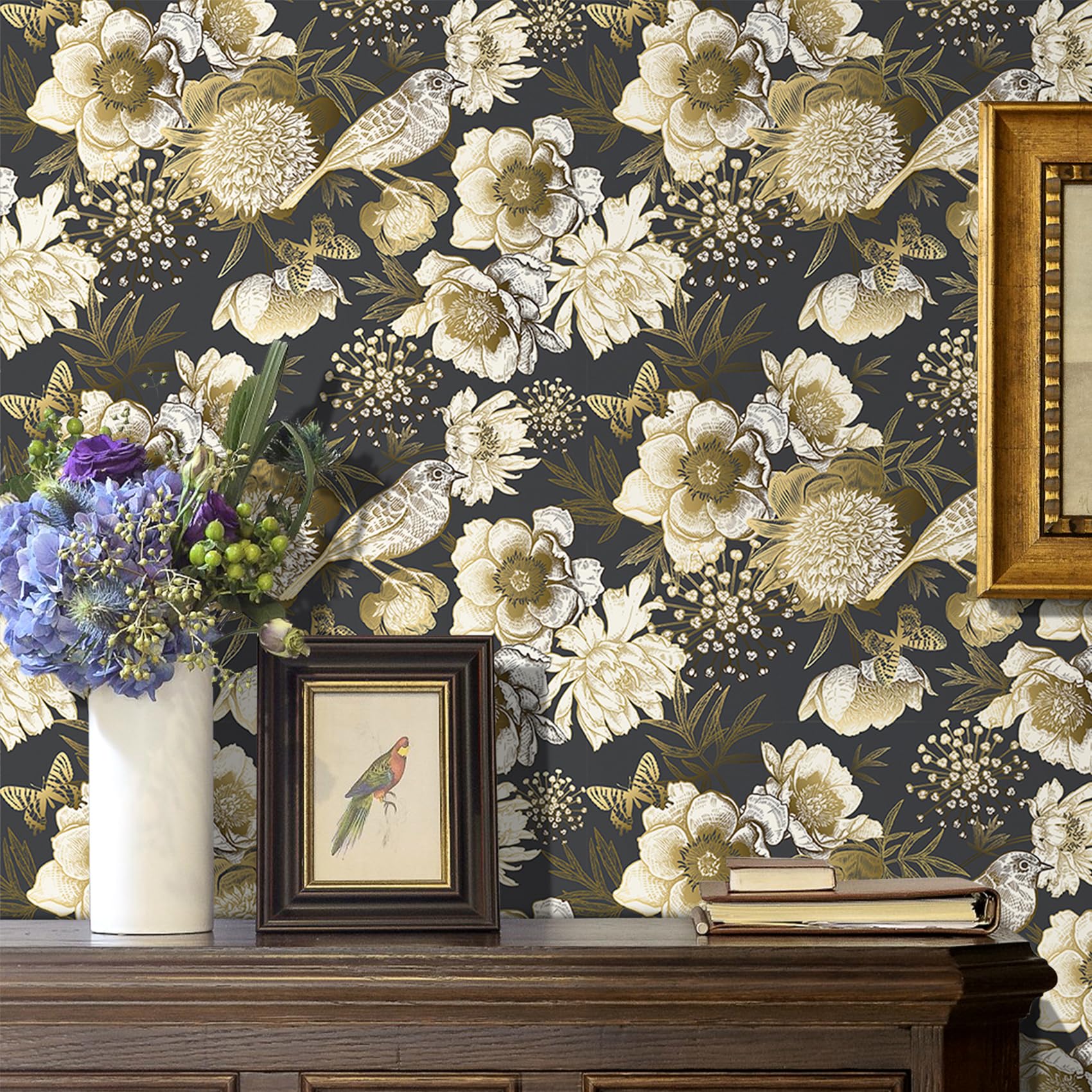 LACHEERY Black and Gold Vintage Floral Wallpaper Peel and Stick Vintage Flower Bird Wallpaper Stick and Peel Floral Contact Paper for Cabinets and Drawers Bathroom Wall Paper Boho 44.5cm x 700cm