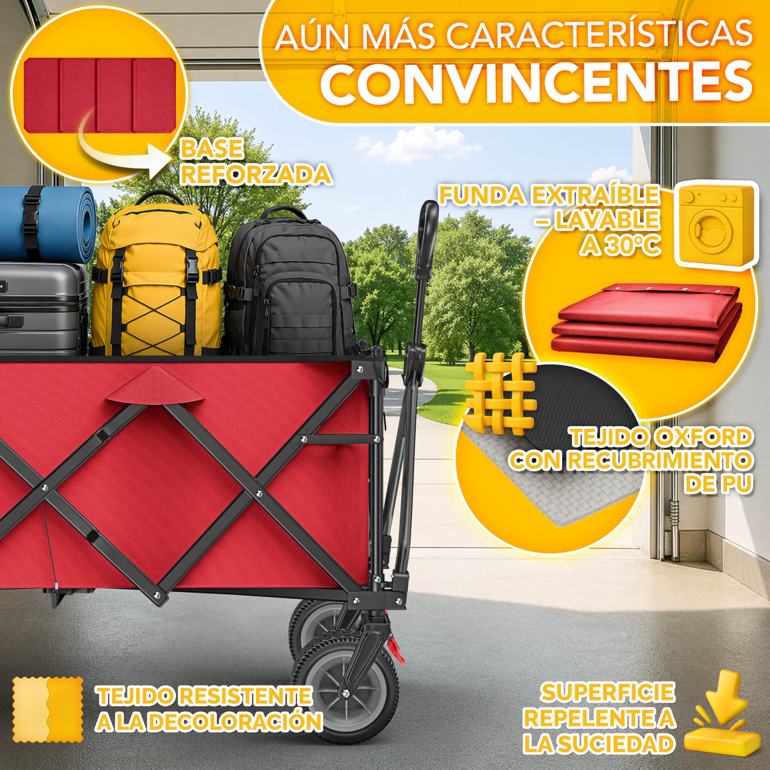 TRESKO® Carro plegable de 300 l con freno, carro de mano plegable, 150 kg, incluye neumáticos de goma maciza, carrito de playa plegable, ruedas extra anchas, con bolsa de transporte, color rojo