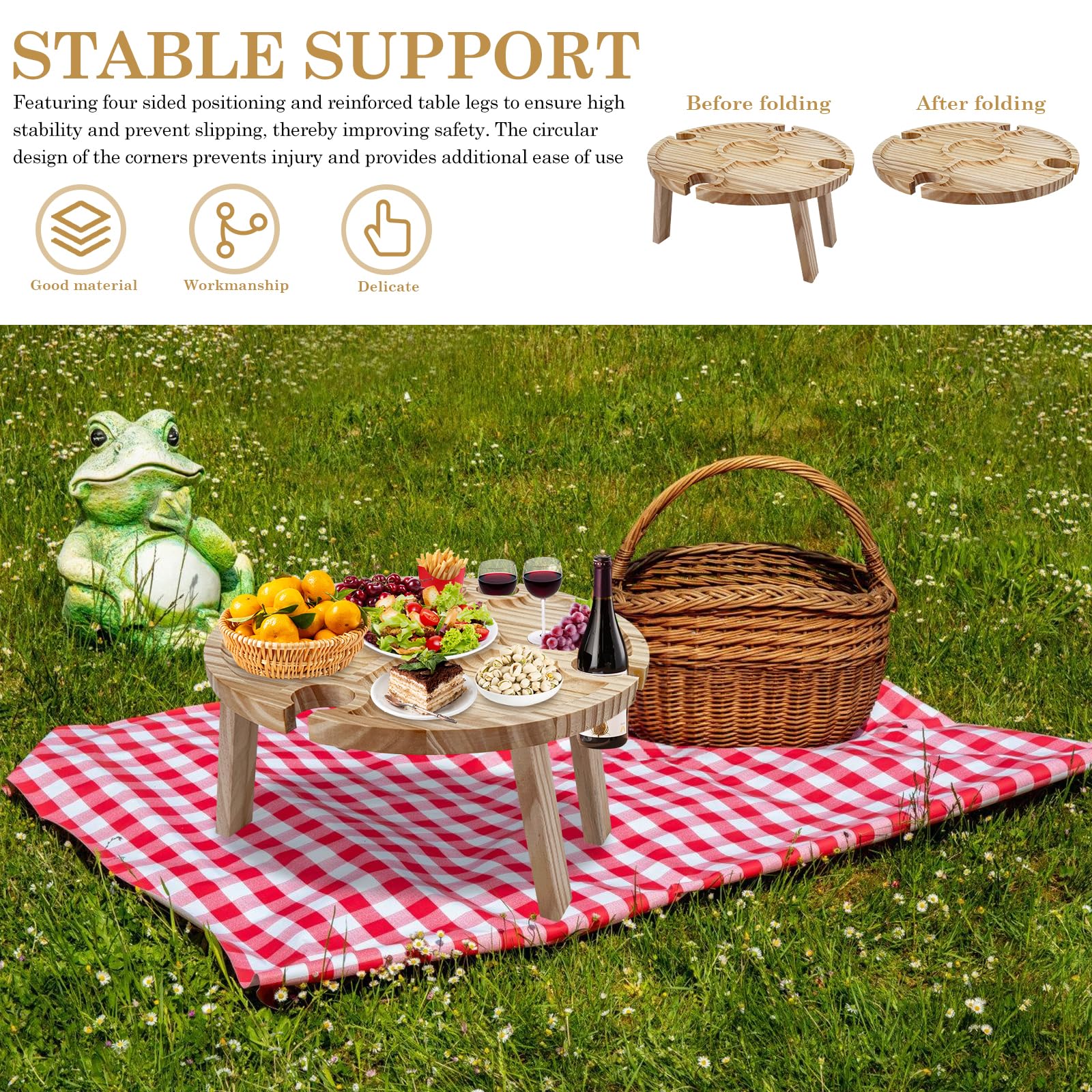 Buwico Table Pique-Nique Pliable Bois Avec Porte-Verres à Vin - Mini Table Plage Camping Jardin, 30 Cm, Support 4 Verres, Portable Et Élégante
