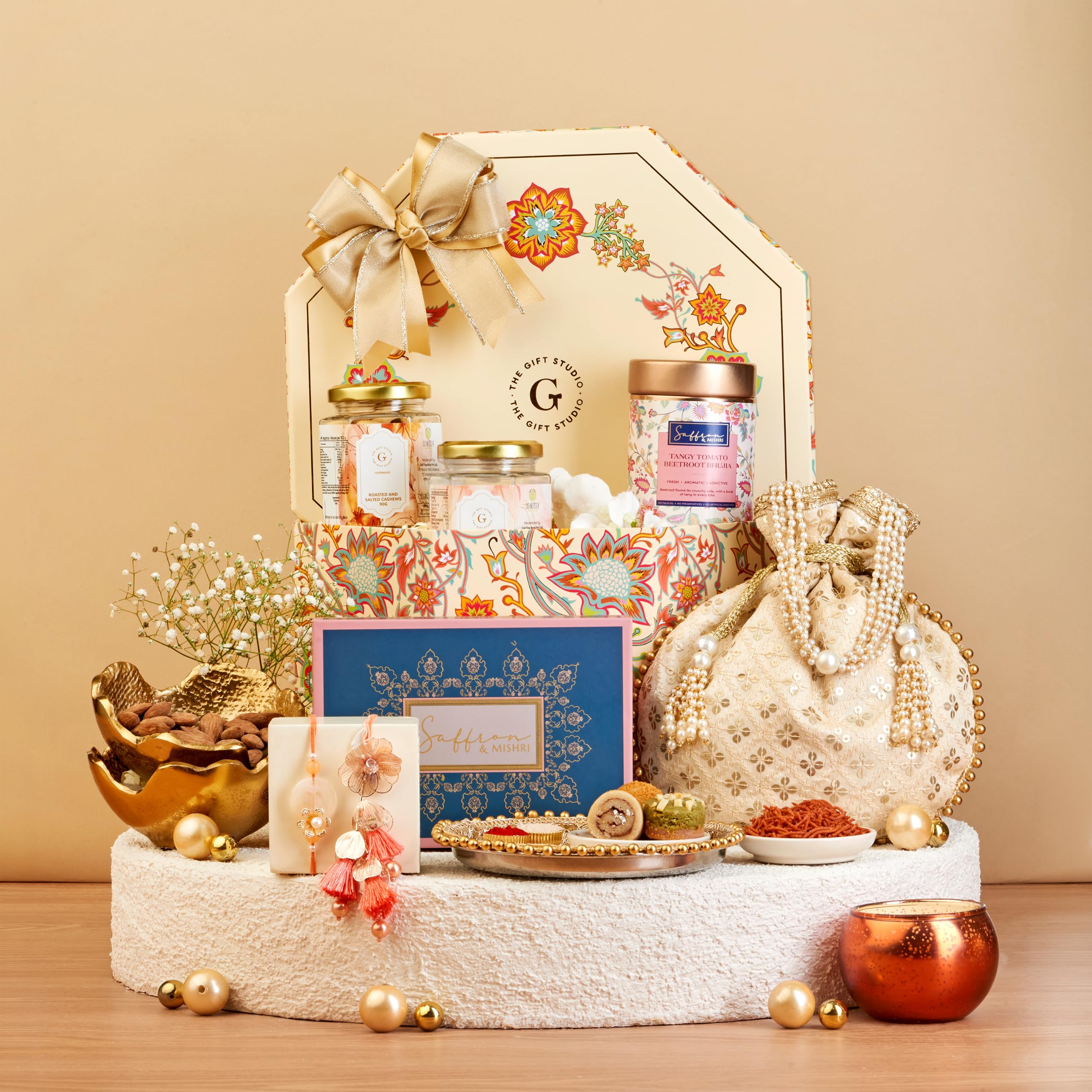 THE GIFT STUDIO.COM | The Ultra Luxe Bhaiya Bhabhi Rakhi Hamper | Coral Bloom Rakhi & Lumba Set, Gourmet Snacks, Mithai, Candle & Premium Gift Box | Raksha Bandhan Gift-image-9