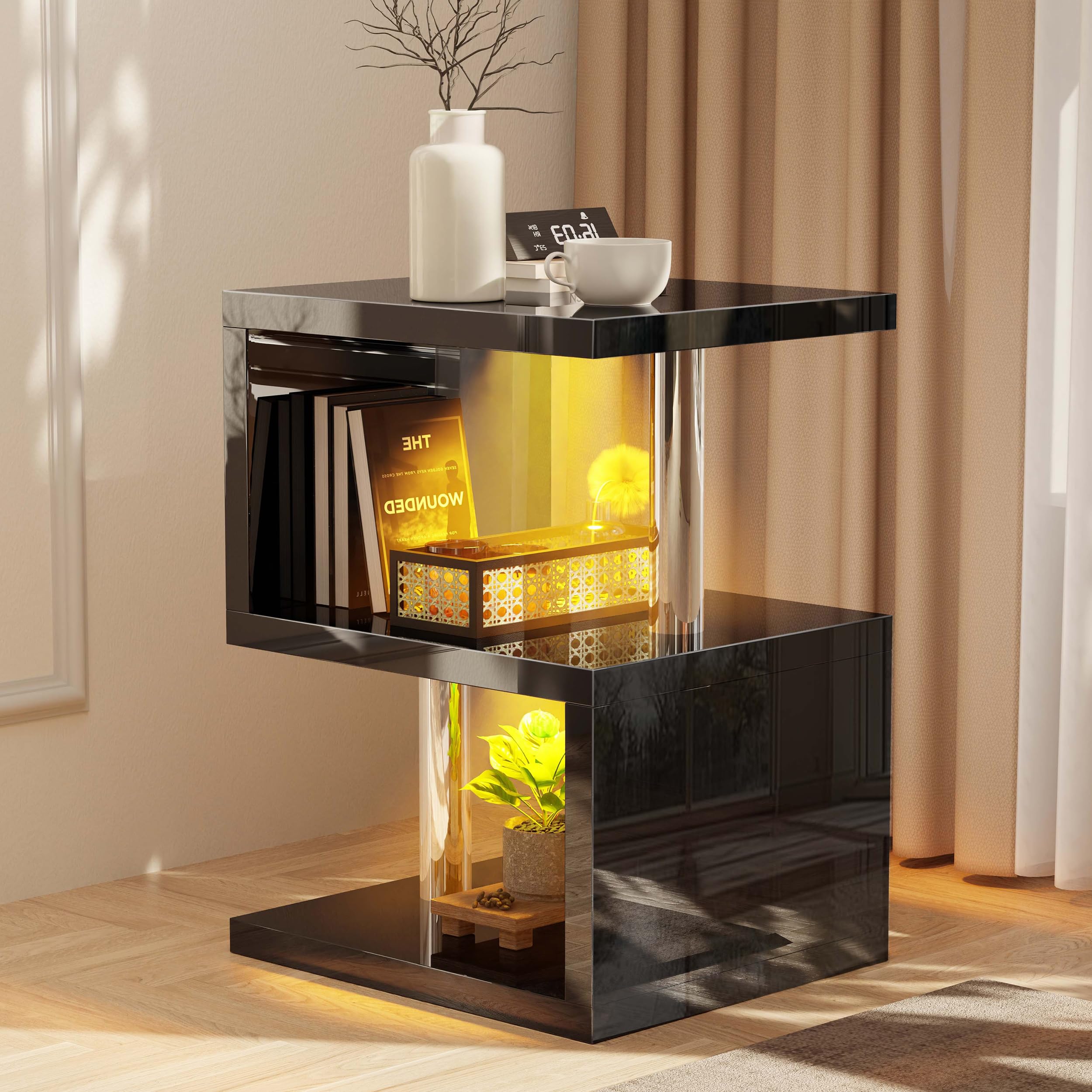 Blisswood S-Shaped Side Table - Black High Gloss End Table with Storage Shelves and RGB LED Lighting, Modern Nightstand for Bedroom, Living Room or Small Spaces โ image 1