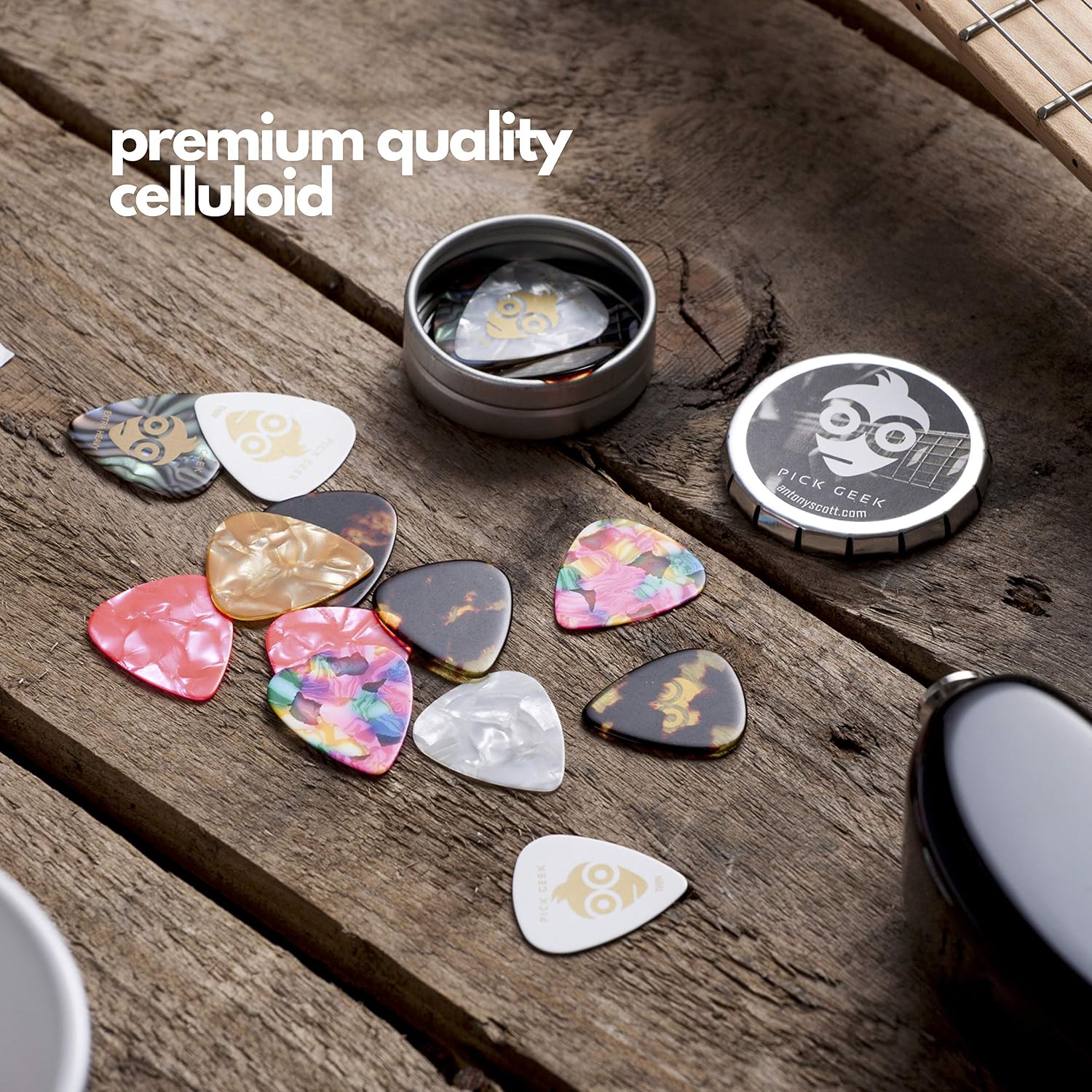 Pick Geek Guitar Picks - 16 Cool Custom Guitar Picks For Your Electric, Acoustic, or Bass Guitar - X-Heavy, Heavy, Medium & Light - Presented in a Luxury Metal Pocket Box