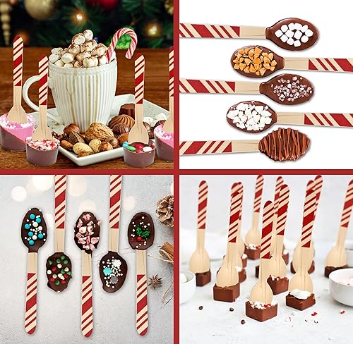 Miniatura 4 de Paquete de 120 cucharas desechables de madera de Navidad, chocolate caliente, malvavisco, cubertería, cucharas de bar de invierno, cucharas de