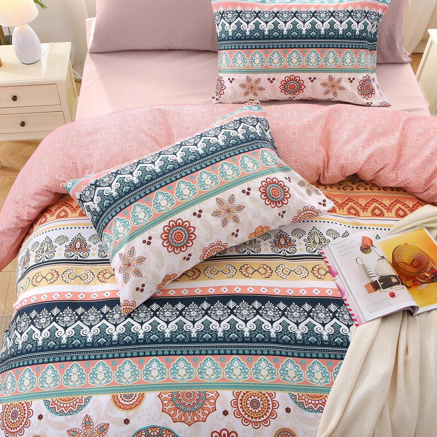 MUXHOMO Bed in a Bag Queen 7 Pieces, Queen Comforter Set Reversible Bohemian Botanical Flowers Design, Ultra Soft & Breathable Bedding Sets with Comforter, Sheets, Pillowcases & Shams - Image 3