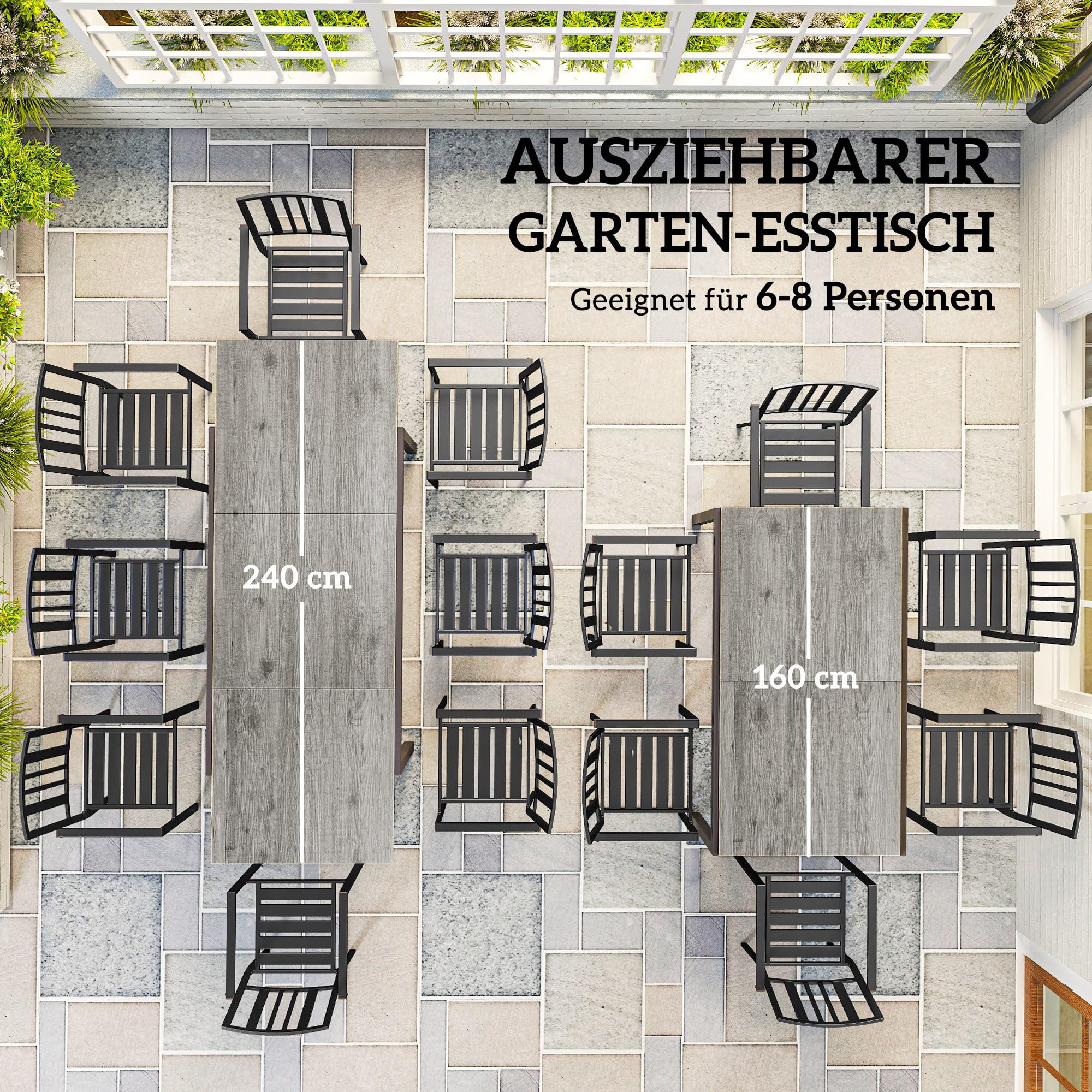 Outsunny Gartentisch Ausziehbarer Esstisch für 6-8 Personen, 160/240 x 90cm Aluminium Balkontisch mit Holzoptik Wetterfest Terrassentisch Outdoor Buffettisch für Garten, Terrasse Balkon Grau