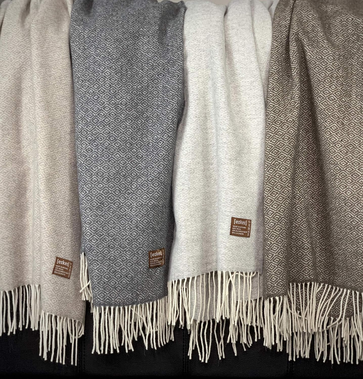 Eikei Wool Throw Blanket Geo Diamond Pattern Oversized Couch Throw Blanket Fringe