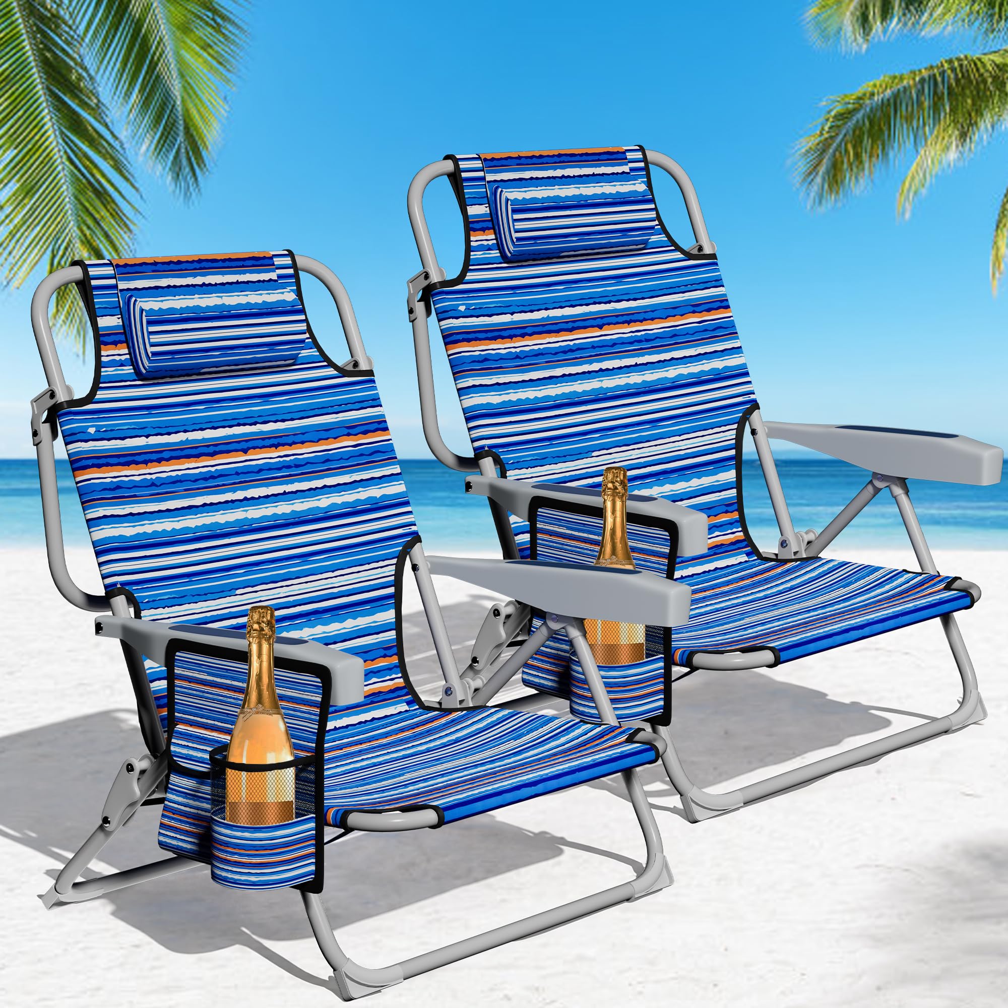 2 pack lightweight portable beach chair for adults, 350 lbs capacity backpack beach chair, reclining beach chair with 5-position lay flat, large cup holder for beach camping sports