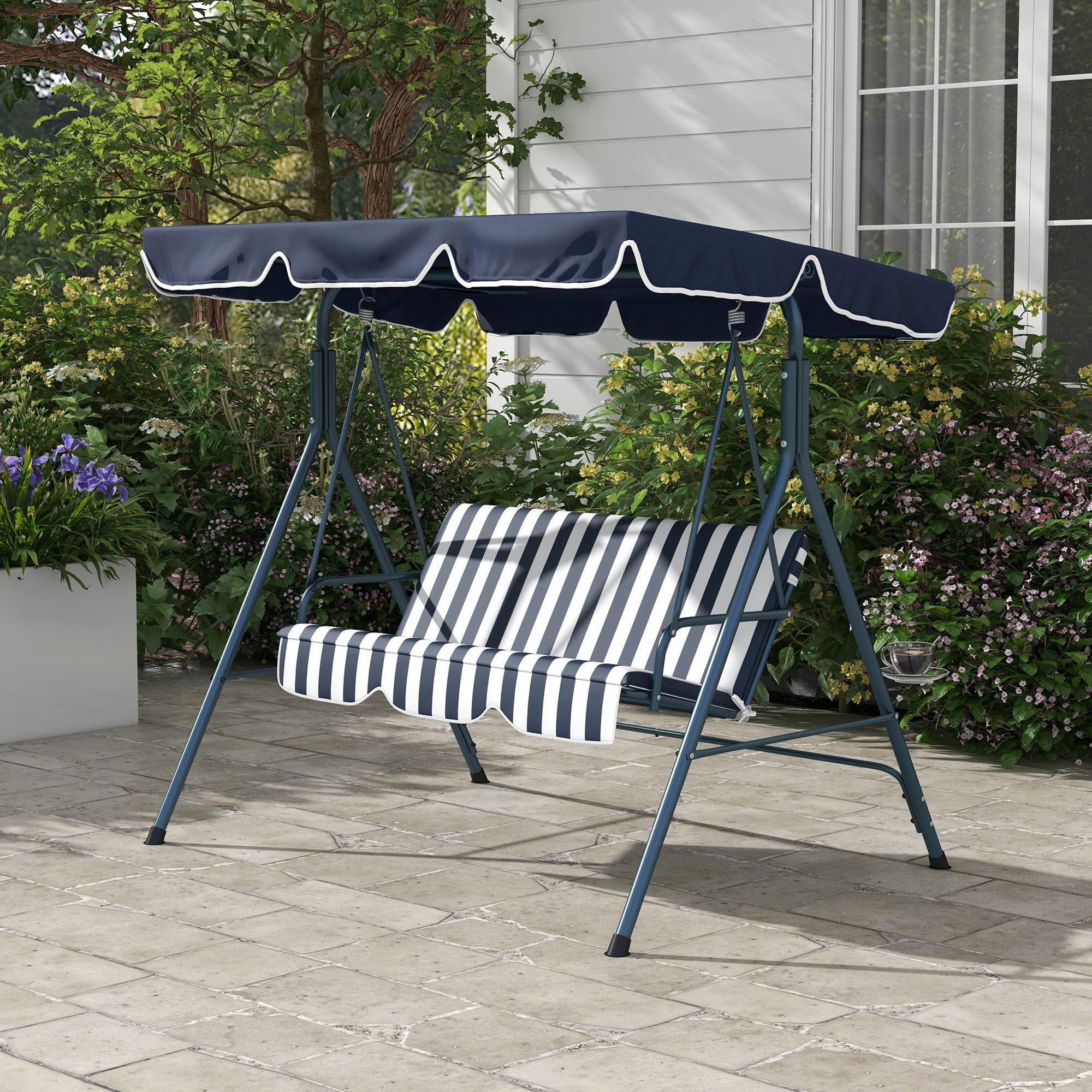 Outsunny Columpio de Jardín Exterior de 3 Plazas, Balancín de Jardín Exterior con Techo Ajustable y Marco de Acero, para Balcón, Terraza, Patio, Carga 240 kg, 172x110x153 cm, Raya Azul