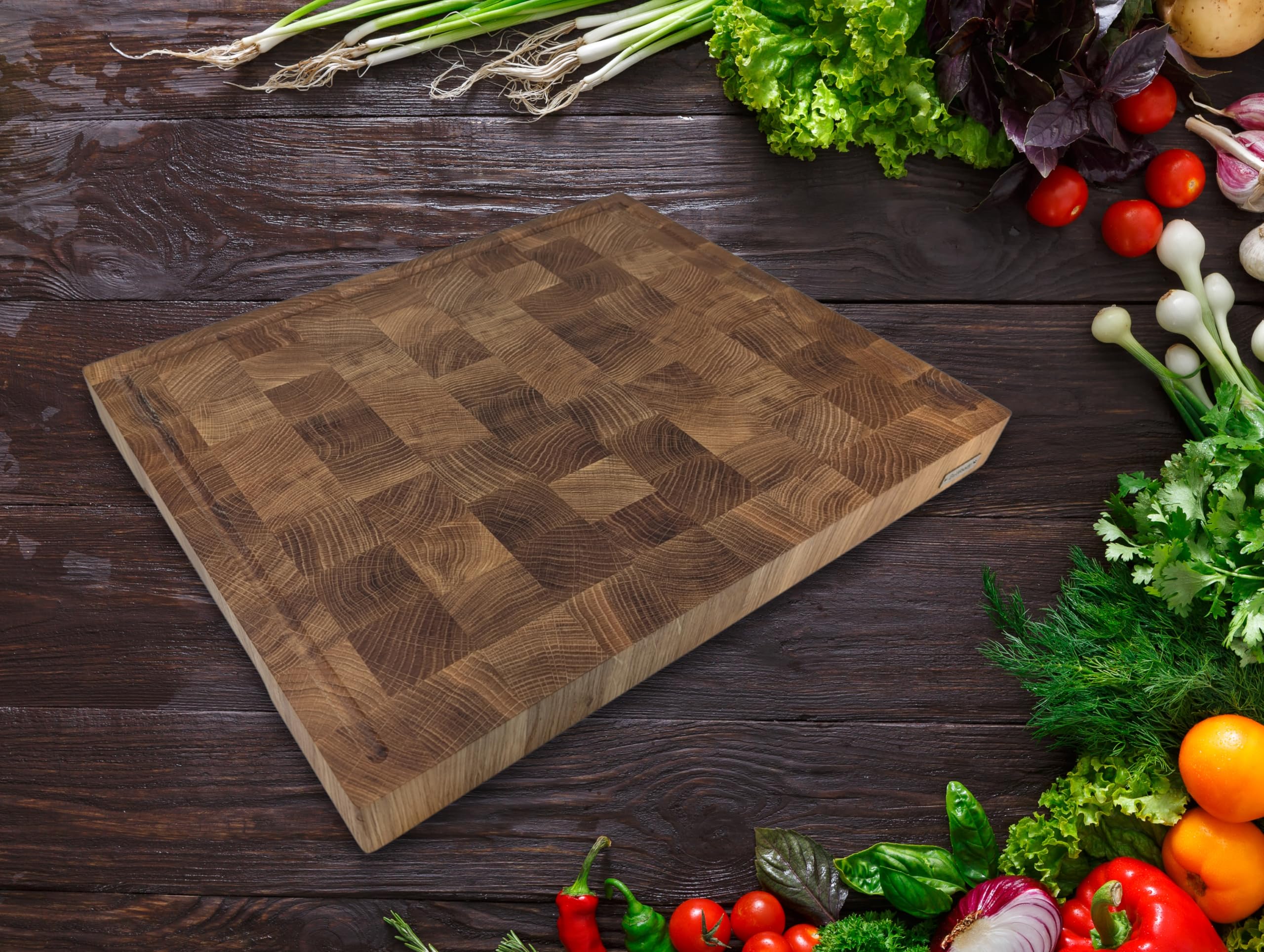 Hackblock XL Schneidebrett Stirnholz Eiche – 50x40x4,5 cm – Premium Tranchierbrett aus Holz mit Saftrille & rutschfesten Füßen – Profi-Qualität für Küche, Fleisch & Gemüse