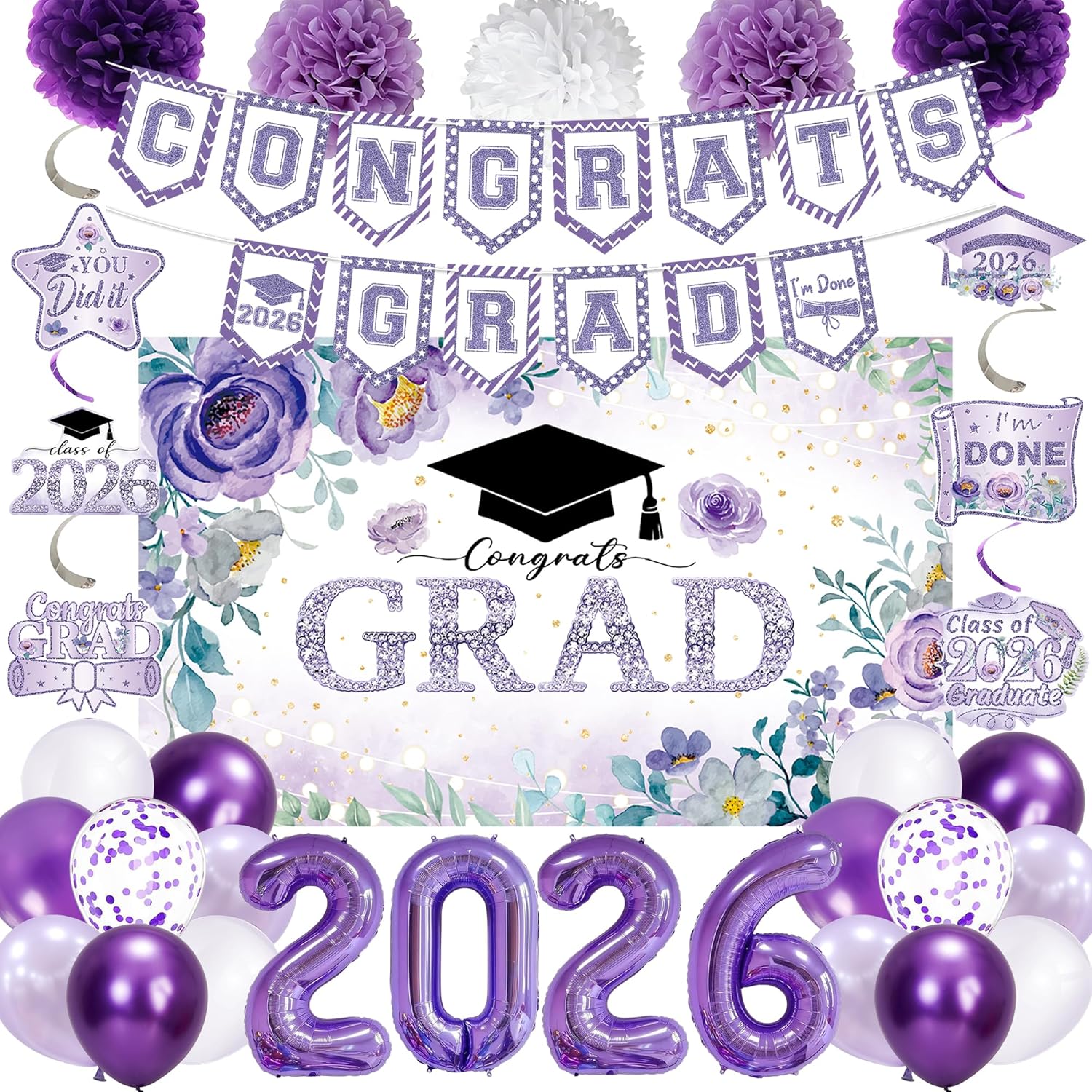 Holkcog 2026 Graduation Decorations, Purple Class of 2026 Congrats Graduation Floral Backdrop, Balloons, Paper Pompoms for Graduation Party Decorations, Outdoor Indoor College Grad Party Decorations