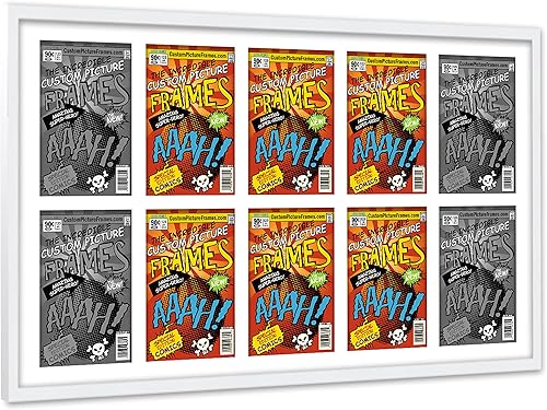 Miniatura 2 de Marco de cómics de collage blanco con paspartú blanco para mostrar 10 cómics de la Edad Dorada con acrílico UV, respaldo y accesorios para colgar