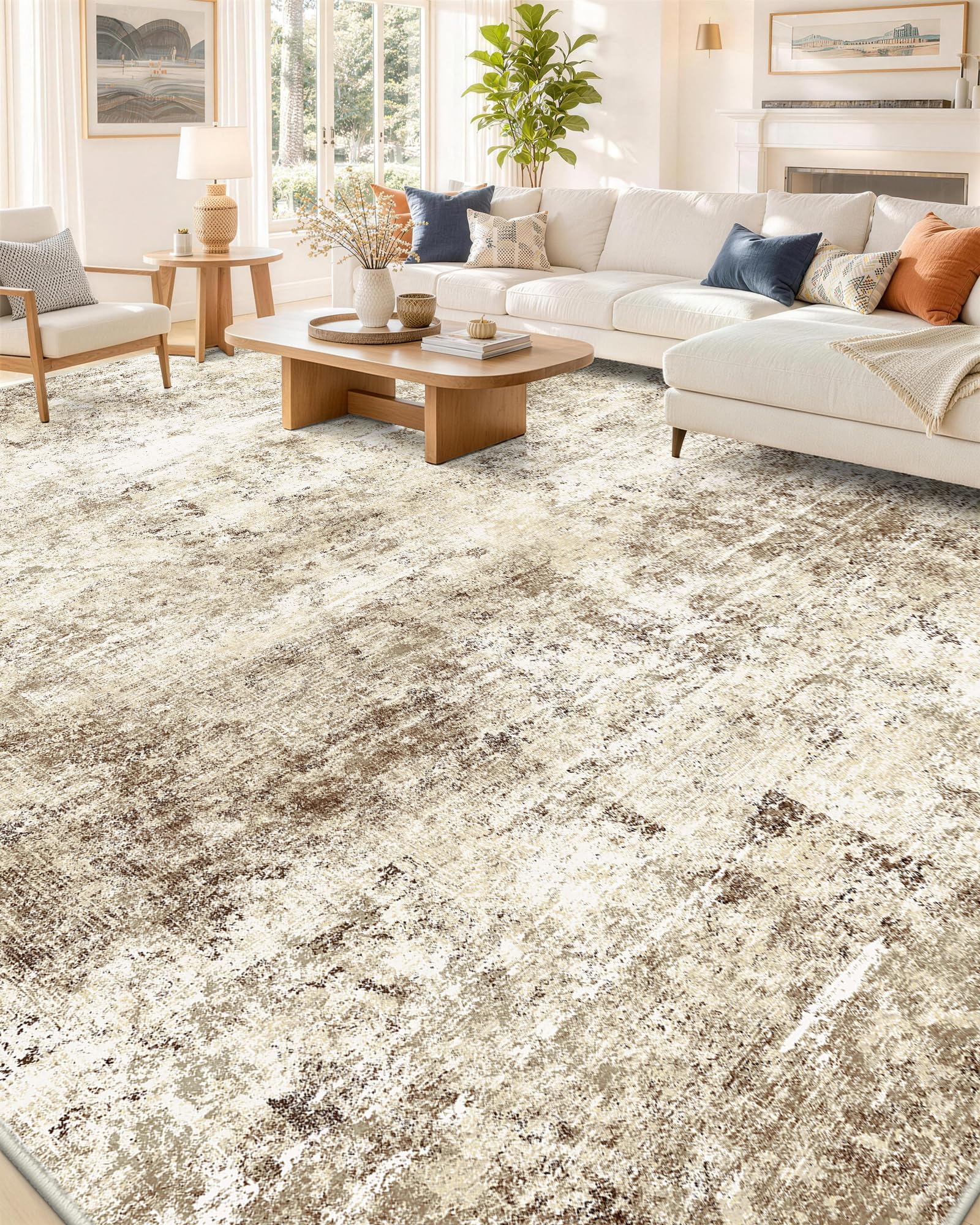 OLANLY 8x10 Washable Area Rug, Soft Non Slip Carpet for Bedroom Living Room | Beige Distressed Abstract Modern Farmhouse Large Rug, Spill & Stain Resistant Low Pile, for Family Room Under Dining Table