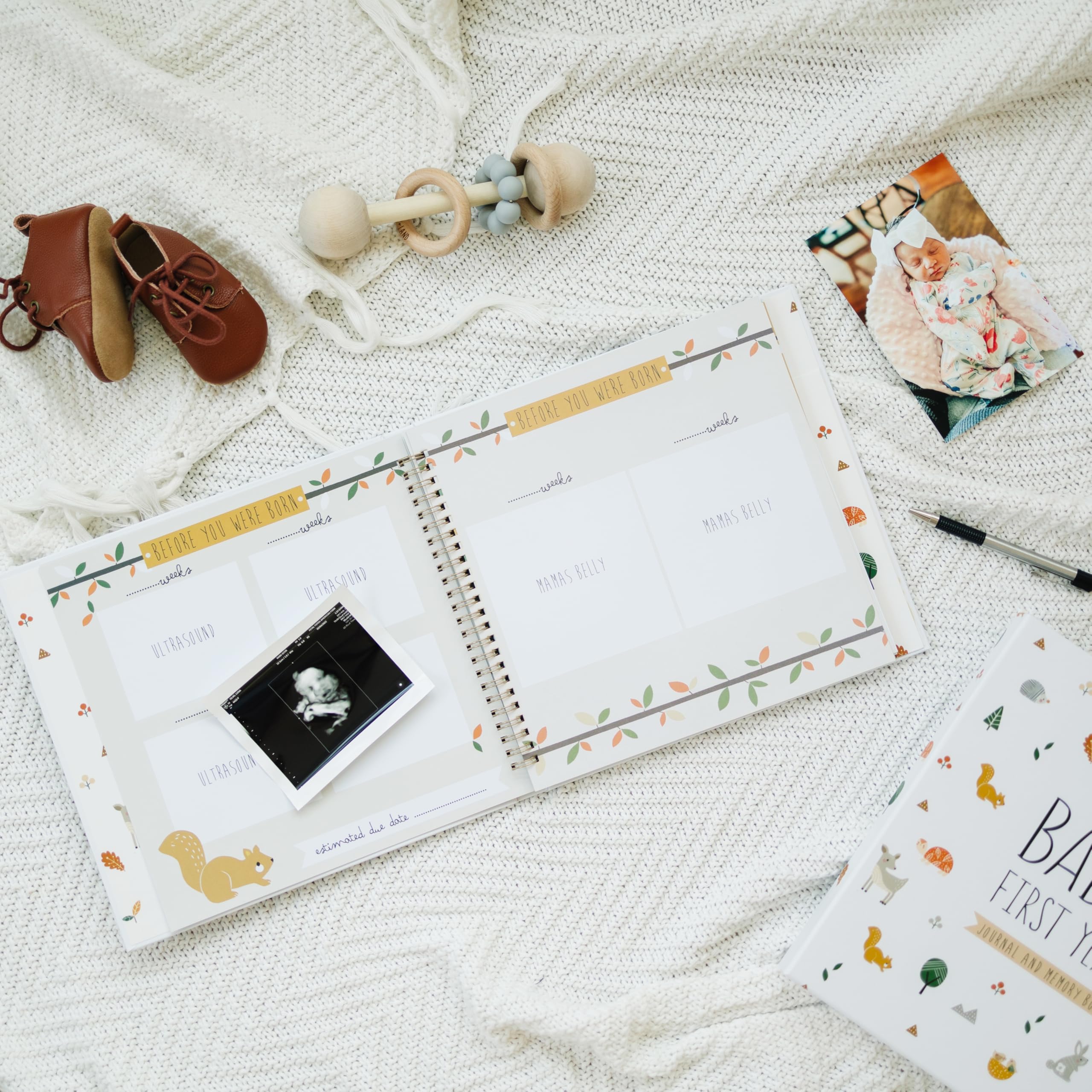 Libro De Recuerdos Para Bebé Unisex De Lino Personalizado Y De Género Neutro: Libro De Registro Con Temática De Bosque, álbum De Recuerdos Y Regalo De Primeros Pasos Para Baby Shower