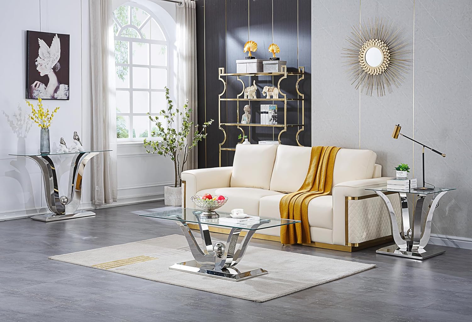 4 Pieces Living Room Table Set, Glass Coffee Table Set of 4, Modern Coffee Table, Console Table and 2 End Tables with Dual U-Shaped Stainless Steel Base for Living Room (Silver)
