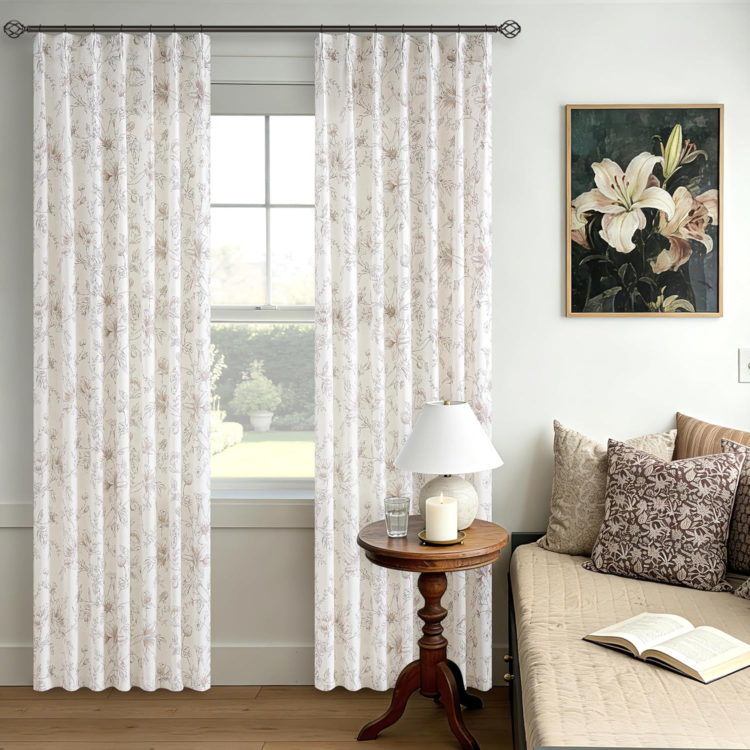 Pinch Pleated Brown Linen Floral Curtains for Living Dining Room 102 Inch Semi Sheer French Country Neutral Tan Brown Flower Print Patterned Curtain Memory Trained Vintage Back Tab Pleat Drape