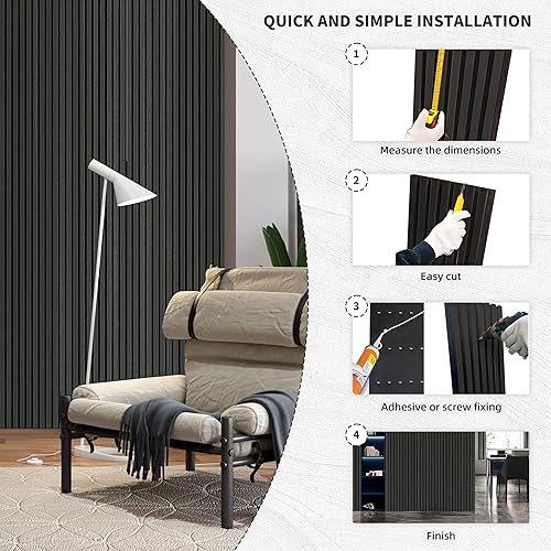 Miniatura 7 de Paneles de pared de madera de 94 pulgadas para decoración de pared interior, reducción de ruido, panel de listones de madera 3D acanalados negros