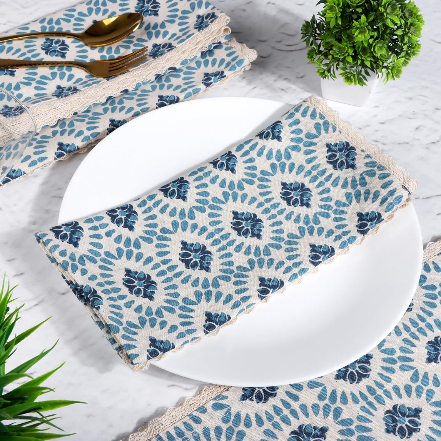 FINGERCRAFT Dinner Cloth Napkin Cotton Linen Blend 12 Pack Mitered Corners with Elegant Lace for Everyday Use Napkins are Pre Shrunk and Good Absorbency (Moroccan, 20in x 20in)