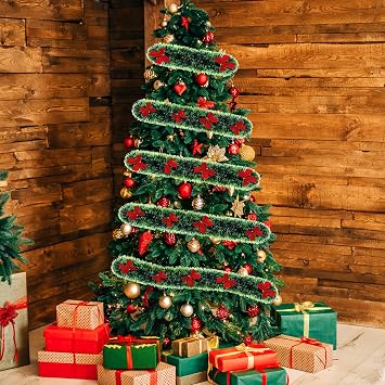 50Ft Christmas Tinsel Garland, Metallic Christmas Tree Garland with 40 Red Bows, Hanging Holiday Streamers Decorations for Xmas Holiday Wreaths Indoor Outdoor Party Supplies