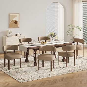Wooden Dining Chairs Set of 6, Upholstered Kitchen Chairs with Solid Wood Legs, Mid Century Dining Room Chair with Ergonomic Curved Backrest for Kitchen Dining Vanity, Camel