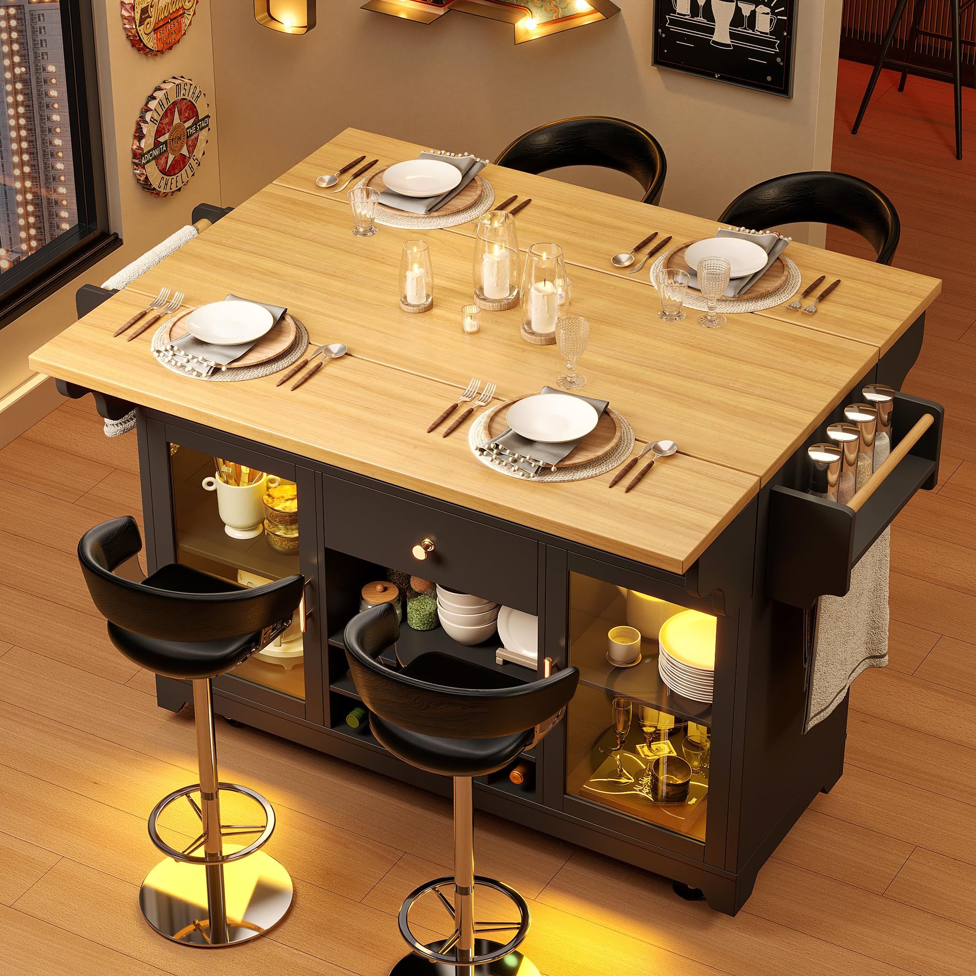 îlot de cuisine avec éclairage LED, plateau de table rabattable des