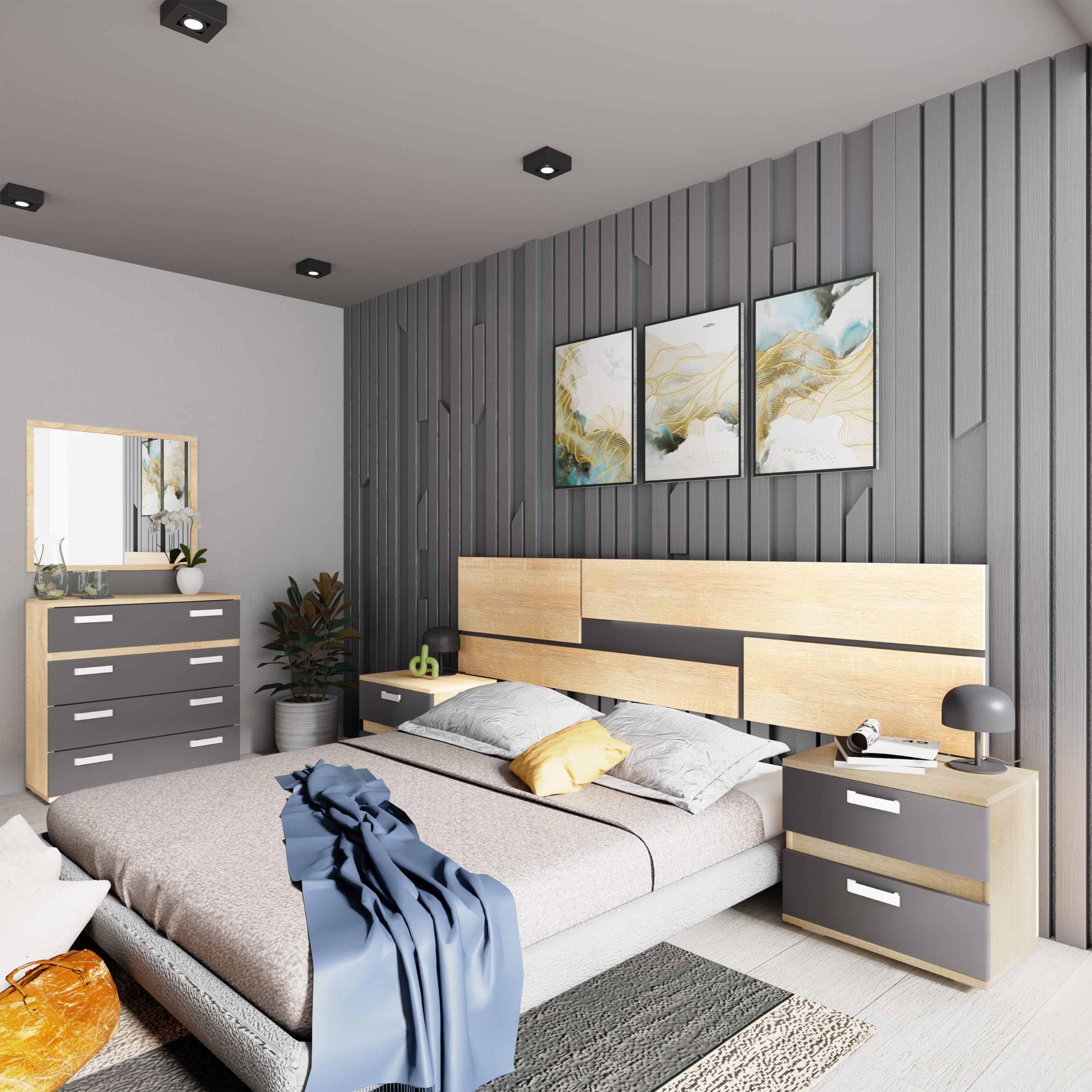 duehome Pack de Dormitorio con Cabecero + 2 mesitas de Noche + Comoda y Espejo, Conjunto de Dormitorio, Dormitorio Completo, Modelo Ataneq Pure 4c, Acabado en Cambria y Grafito, Grande