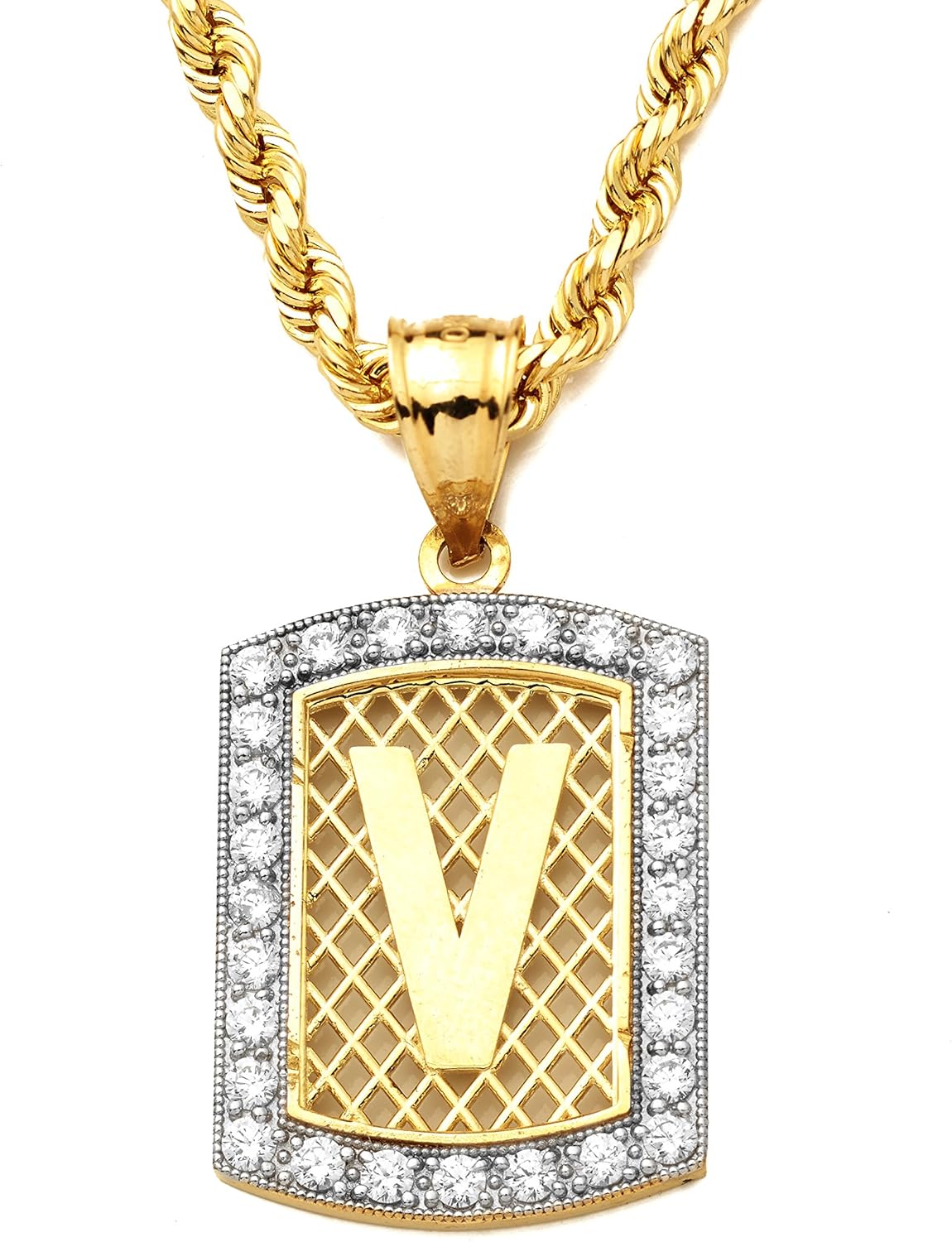 10K Yellow Gold Dog Tag Initials Charm Pendant CZ Border A-Z